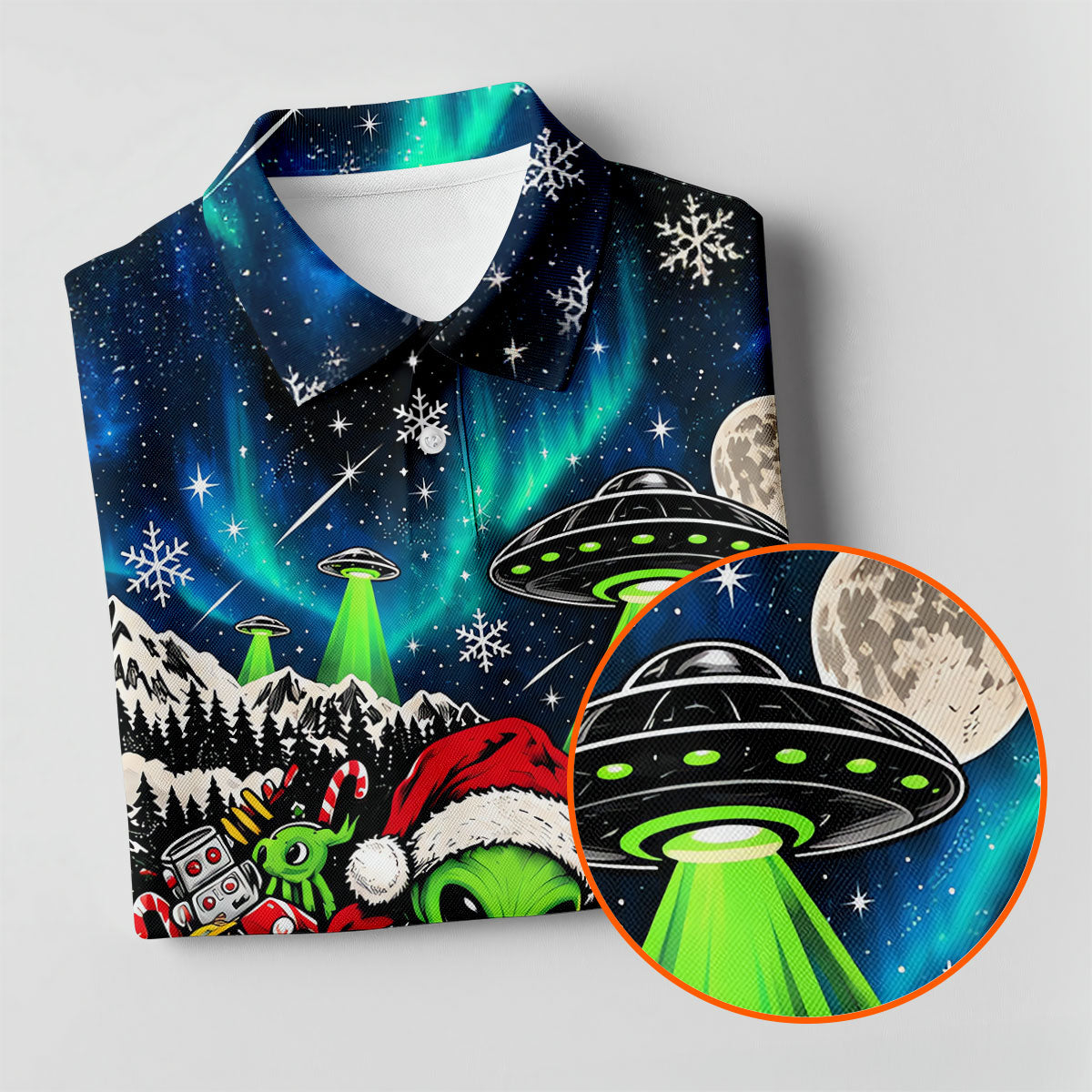 Alien Santa UFO Aurora Christmas Golf Shirt, Womens Golf Shirts, Womens Golf Clothing