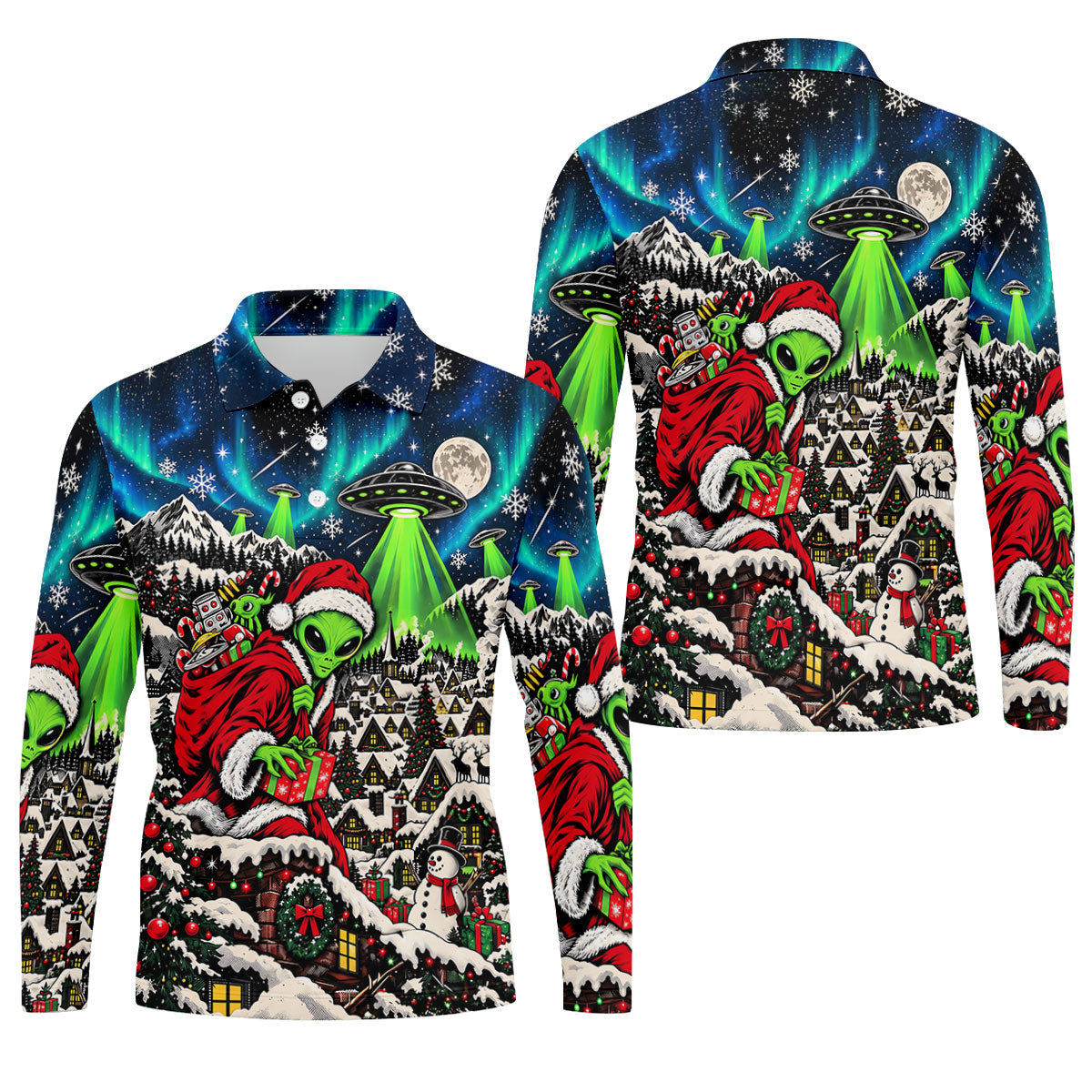 Alien Santa UFO Aurora Christmas Golf Shirt, Mens Golf Polo, Mens Holiday Golf Shirts