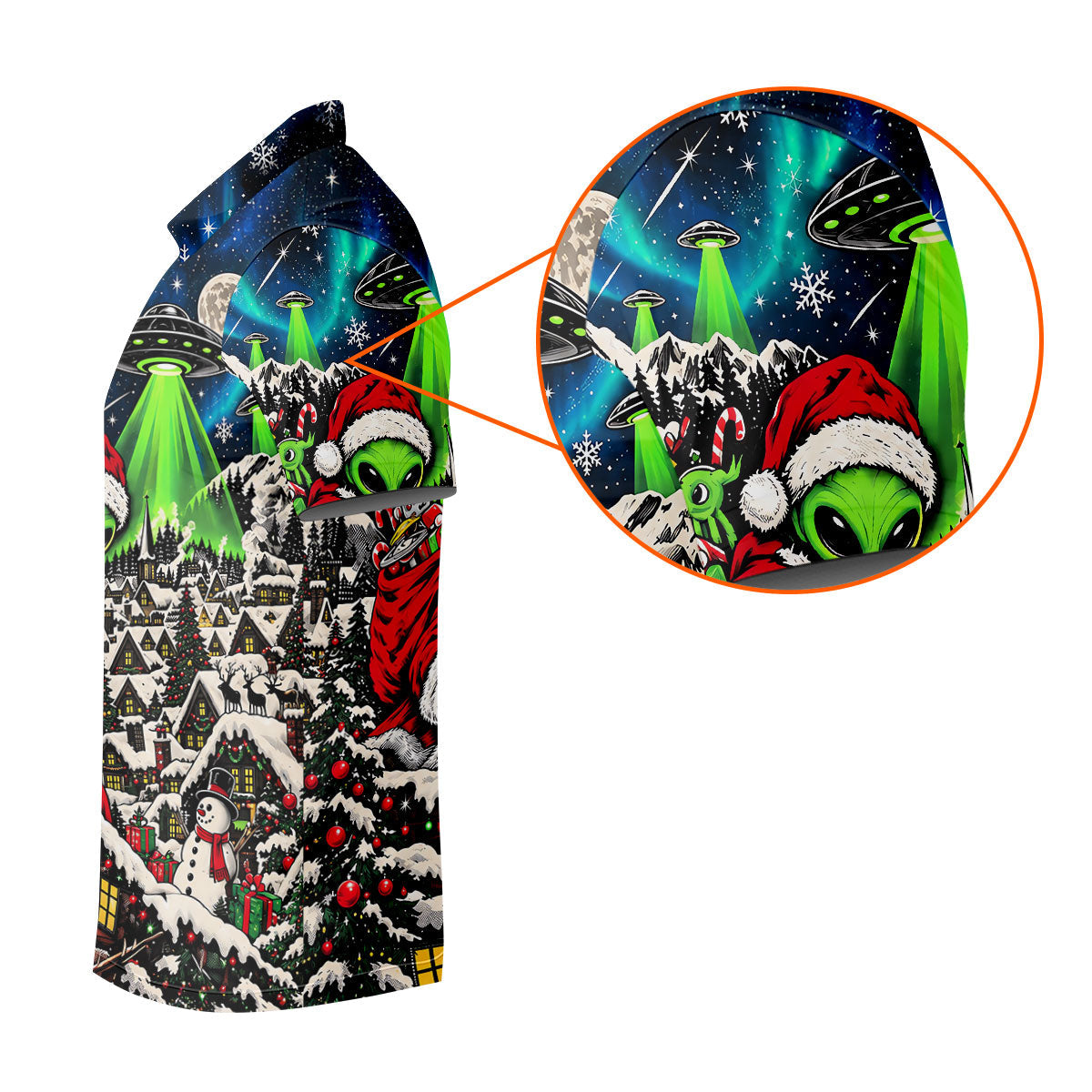 Alien Santa UFO Aurora Christmas Golf Shirt, Mens Golf Polo, Mens Holiday Golf Shirts