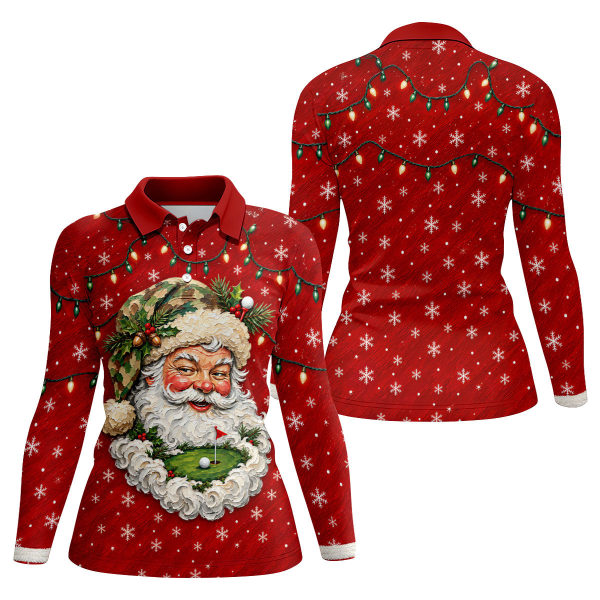 Camo Hat Santa Face Christmas Golf Shirt, Womens Golf Clothing, Golf Shirts For Women