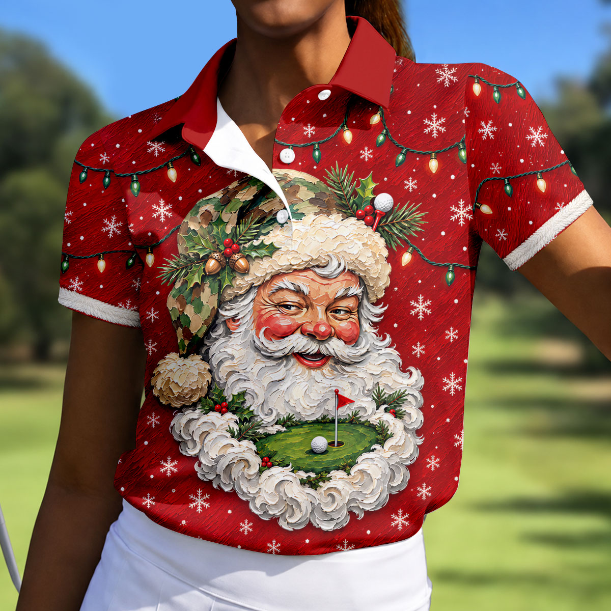 Camo Hat Santa Face Christmas Golf Shirt, Womens Golf Clothing, Golf Shirts For Women