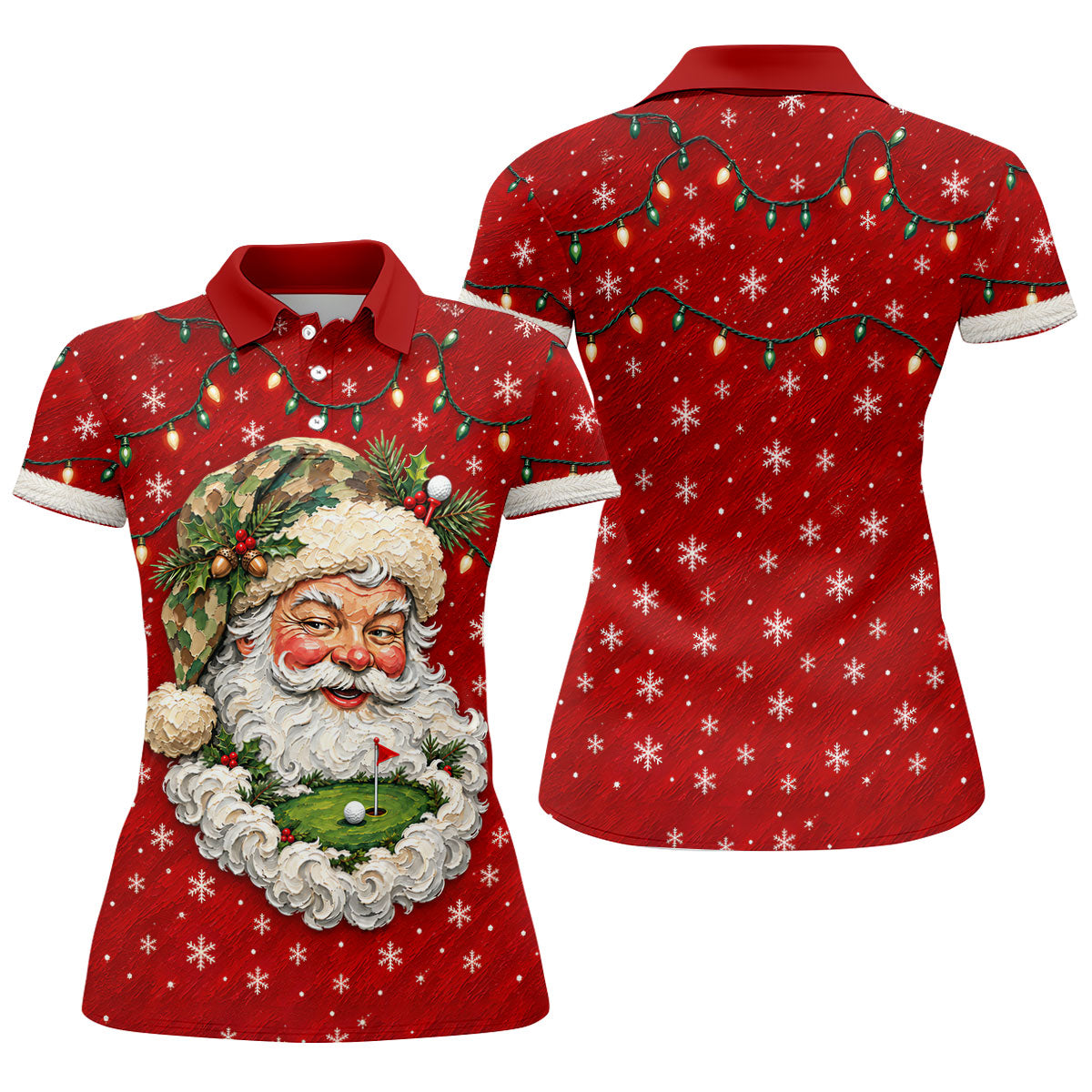 Camo Hat Santa Face Christmas Golf Shirt, Womens Golf Clothing, Golf Shirts For Women