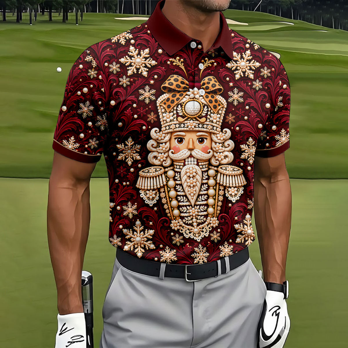 Pearl Nutcracker Christmas Golf Shirt, Mens Golf Clothing, Mens Holiday Golf Shirts