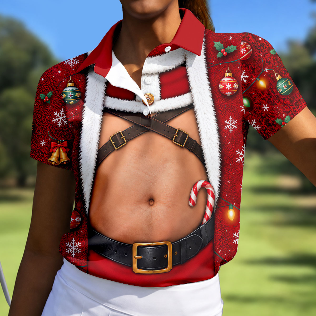 Santa Belly Harness Vest Christmas Golf Shirt, Womens Golf Clothing, Womens Golf Tops