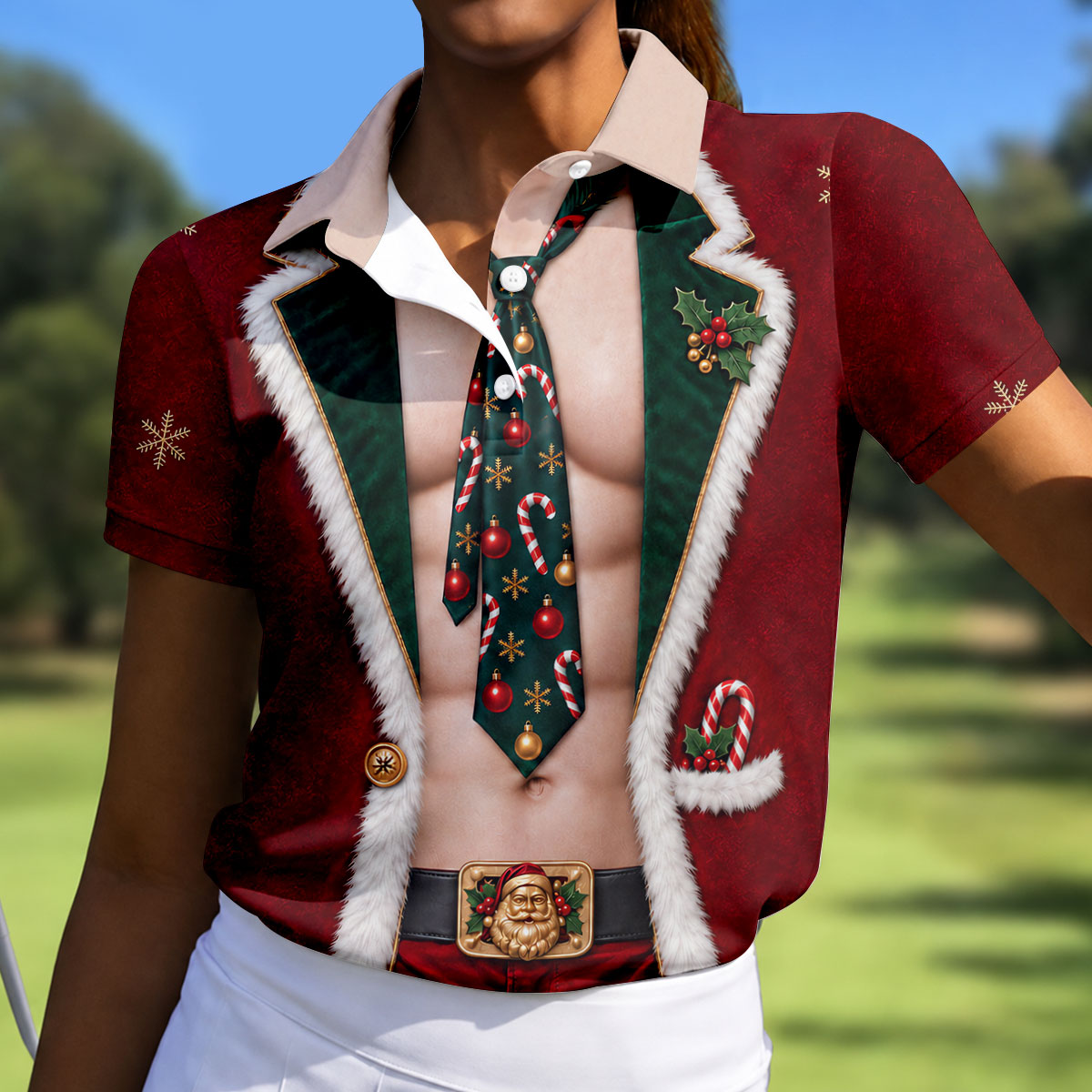 Santa Suit Tie Six Pack Christmas Golf Shirt, Womens Golf Shirts, Womens Golf Apparel