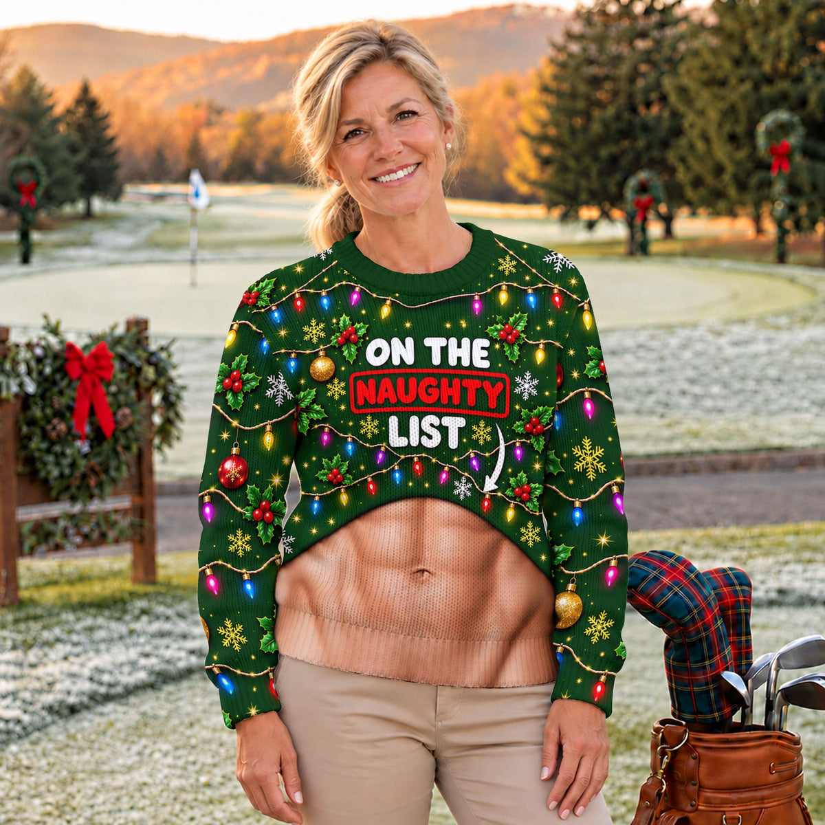 On The Naughty List Abs Ugly Christmas Sweater, Golf Lover Gifts, Funny Xmas Gift