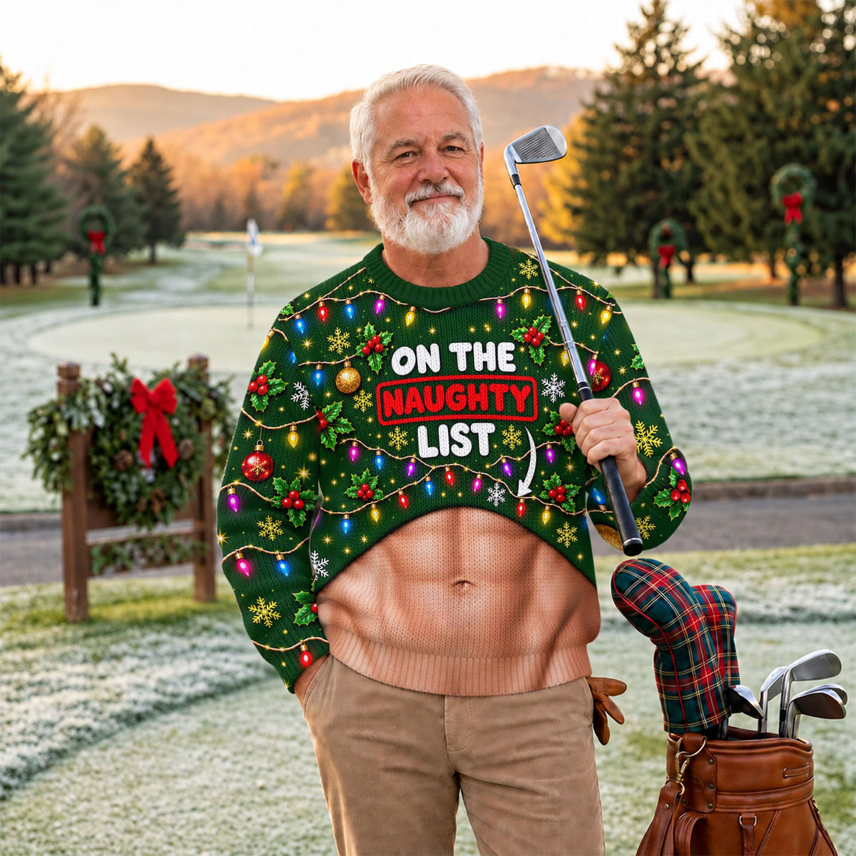 On The Naughty List Abs Ugly Christmas Sweater, Golf Lover Gifts, Funny Xmas Gift