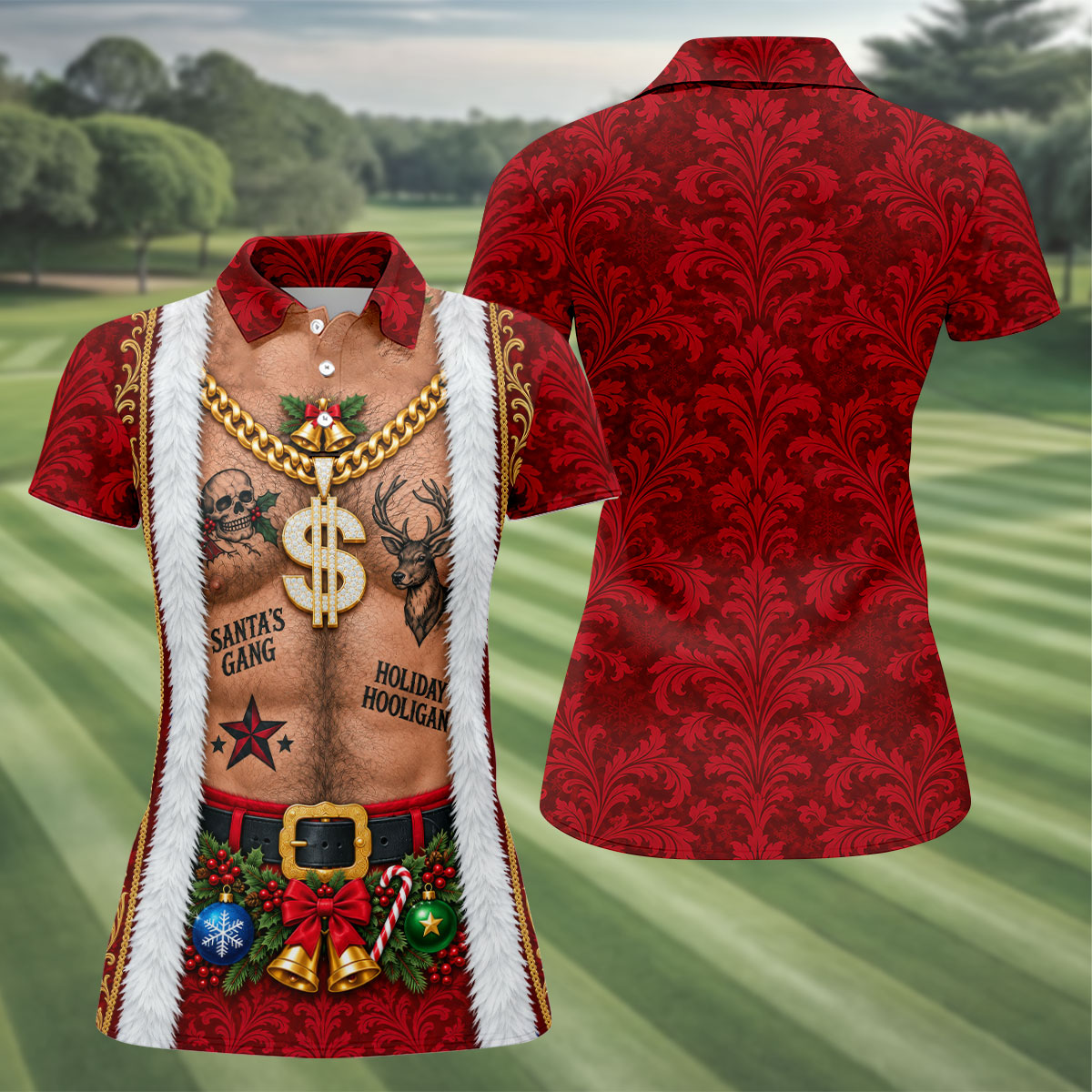Santa's Gang Hairy Chest Christmas Golf Shirt, Womens Golf Tops, Ladies Golf Apparel