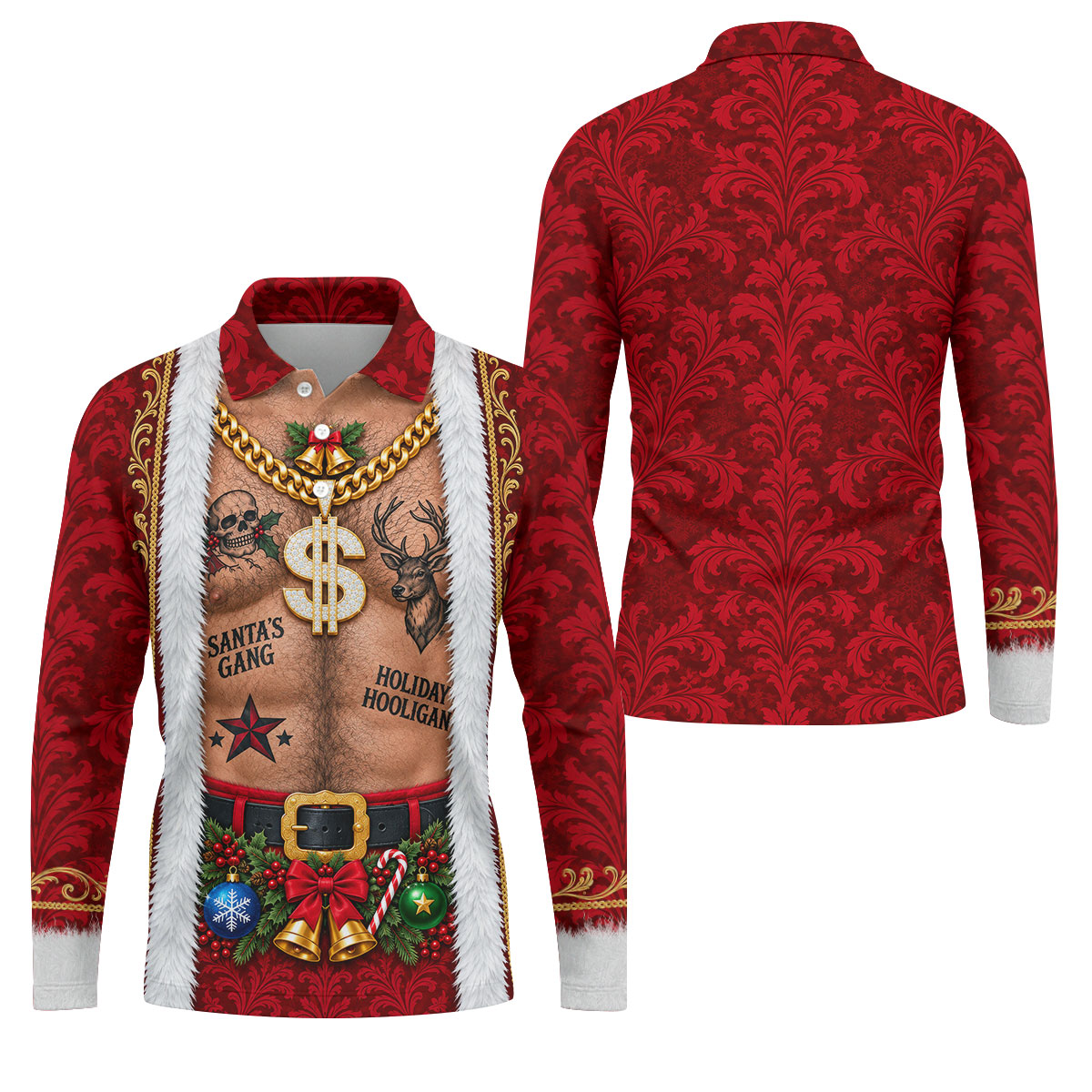 Santa's Gang Hairy Chest Christmas Golf Shirt, Mens Golf Apparel, Golf Gifts For Men
