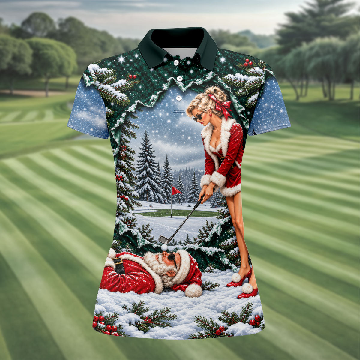 Pin Up Santa Girl Golfer Christmas Golf Shirt, Ladies Golf Apparel, Ladies Golf Tops