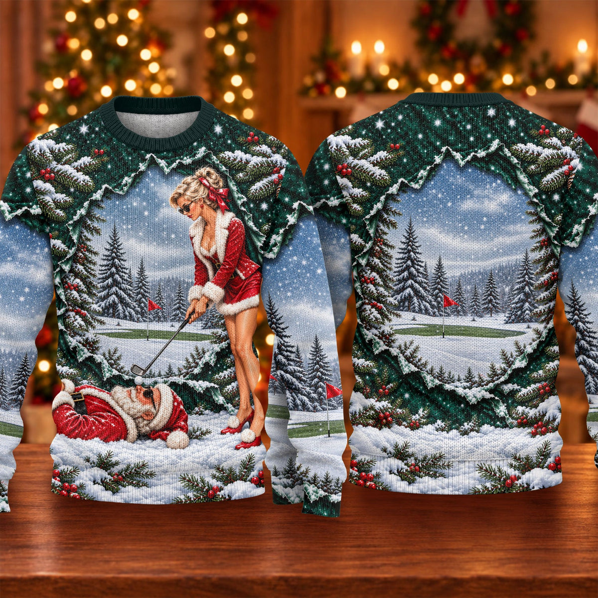 Pin Up Santa Girl Golfer Ugly Christmas Sweater, Christmas Golf Gift, Christmas Gifts