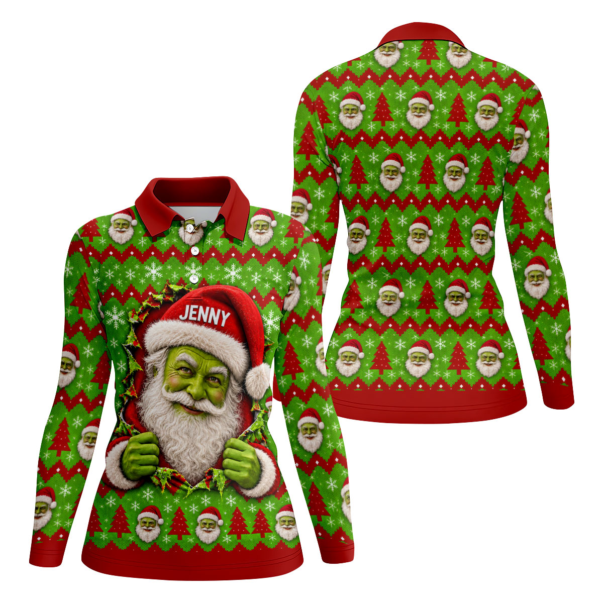 Custom Name Green Santa Christmas Golf Shirt, Ladies Golf Shirts, Womens Golf Apparel