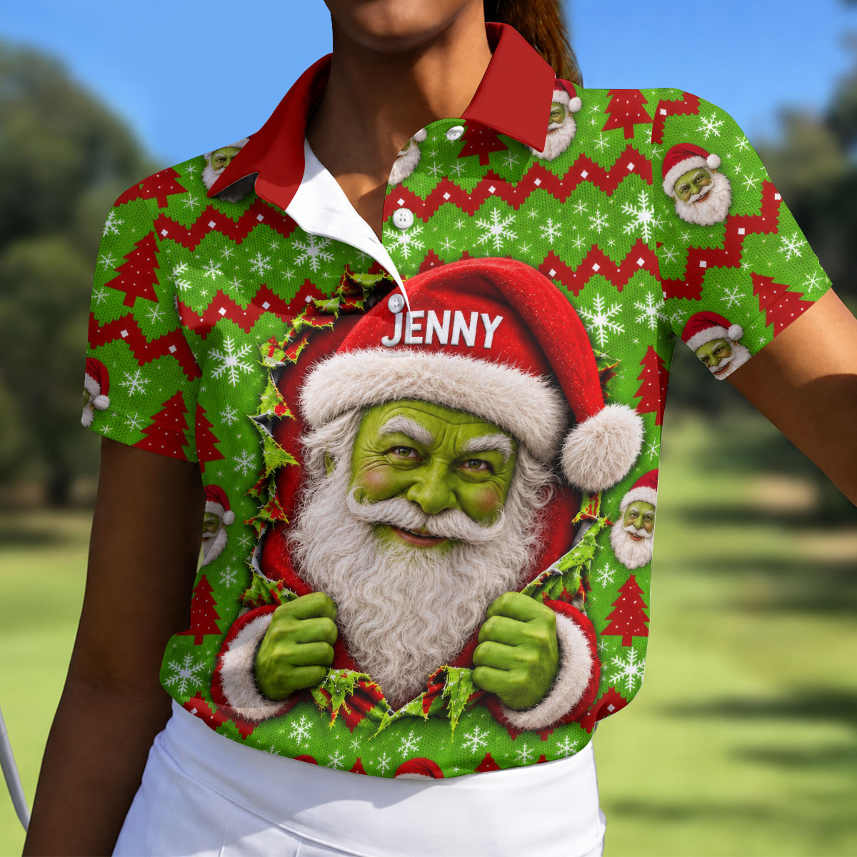 Custom Name Green Santa Christmas Golf Shirt, Ladies Golf Shirts, Womens Golf Apparel