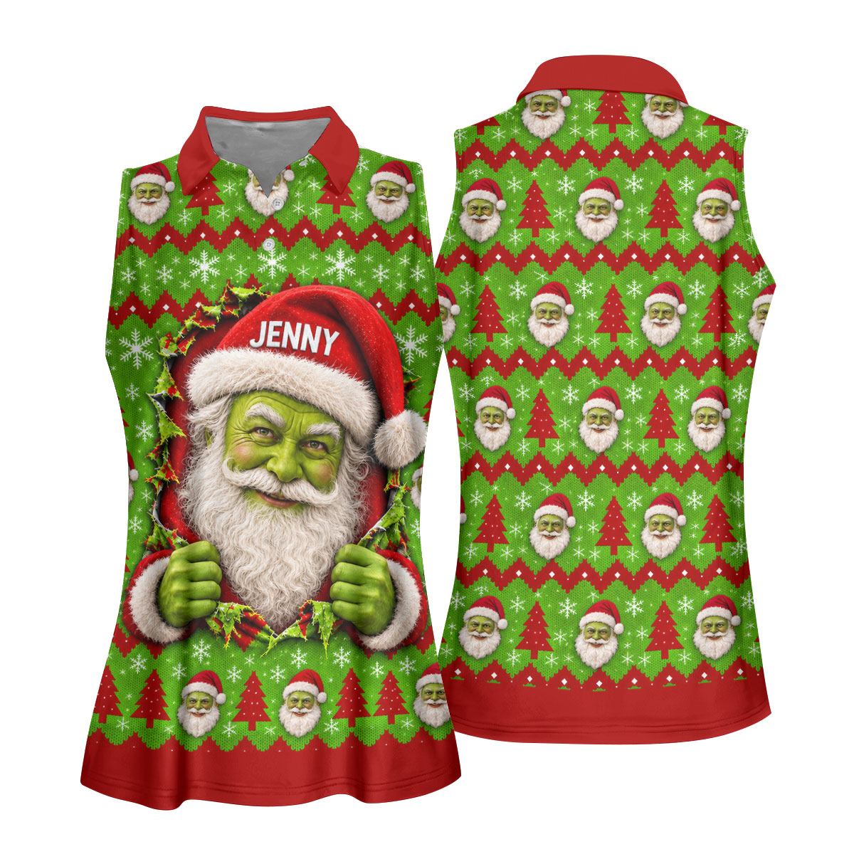 Custom Name Green Santa Christmas Golf Shirt, Ladies Golf Shirts, Womens Golf Apparel