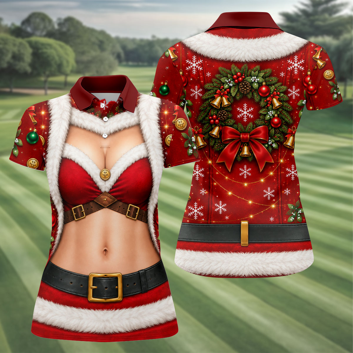 Santa Bikini Abs Vest Christmas Golf Shirt, Ladies Golf Shirts, Golf Gifts For Women