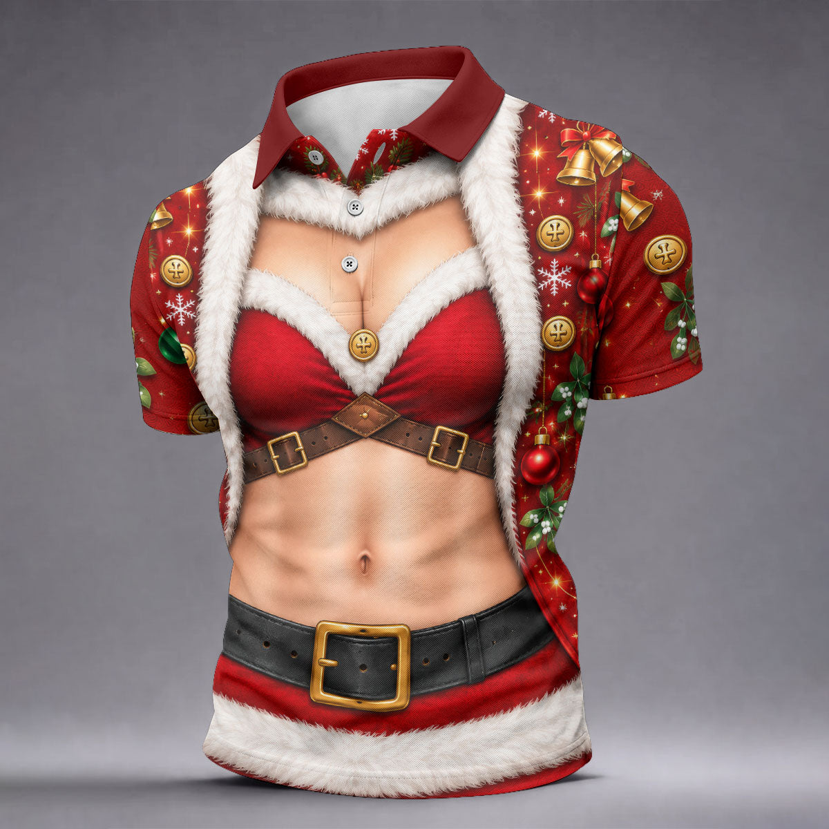 Santa Bikini Abs Vest Christmas Golf Shirt, Mens Golf Shirts, Golf Gifts For Men