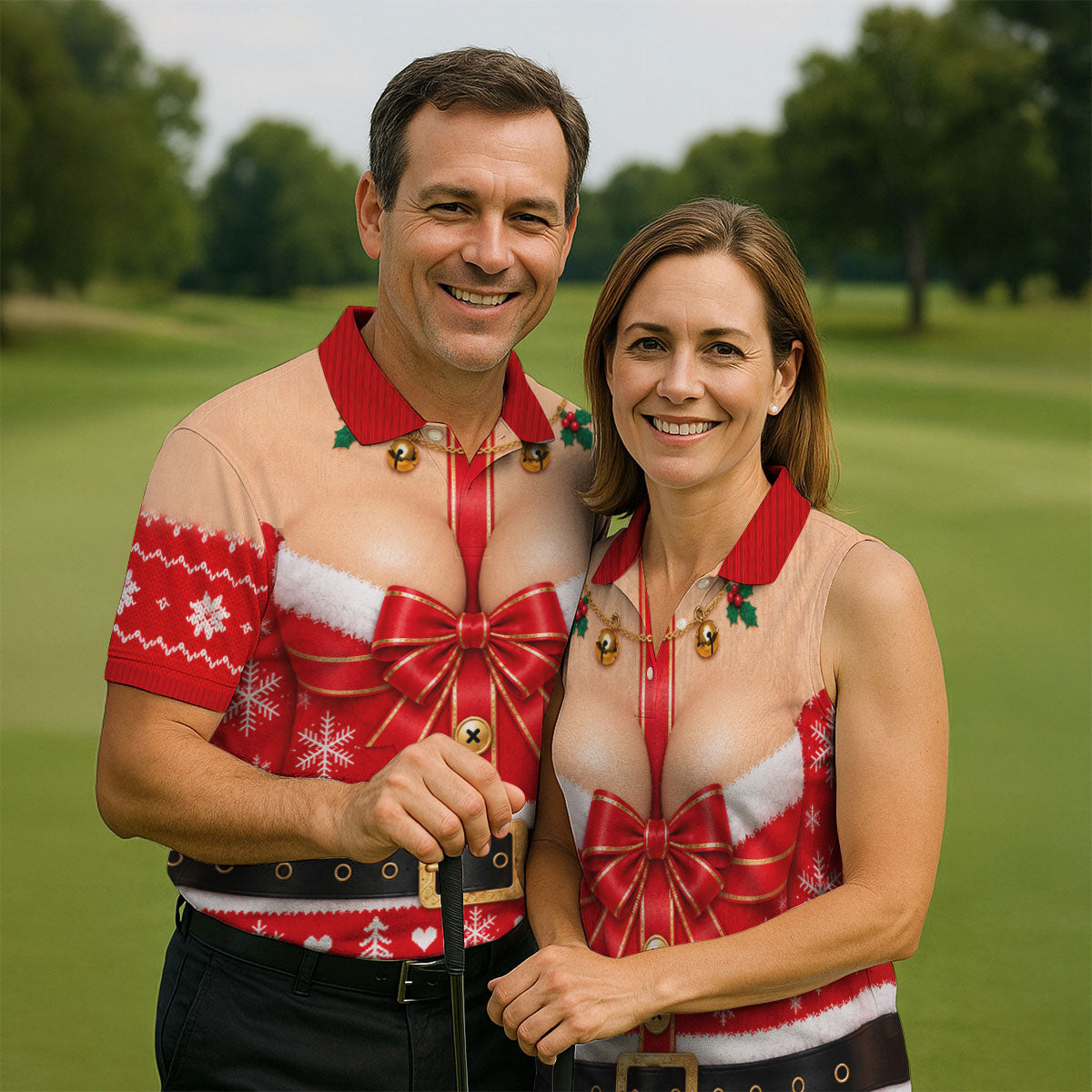 Busty Mrs Claus Red Bow Christmas Golf Shirt, Mens Golf Apparel, Golf Gifts For Men