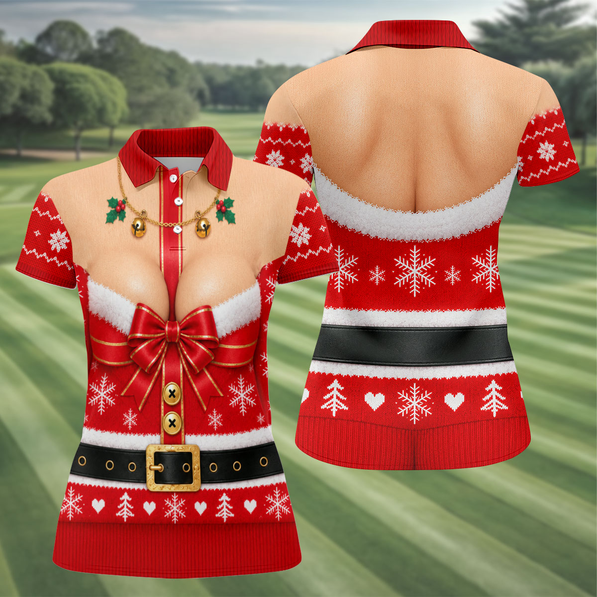 Busty Mrs Claus Red Bow Christmas Golf Shirt, Ladies Golf Tops, Golf Shirts For Women