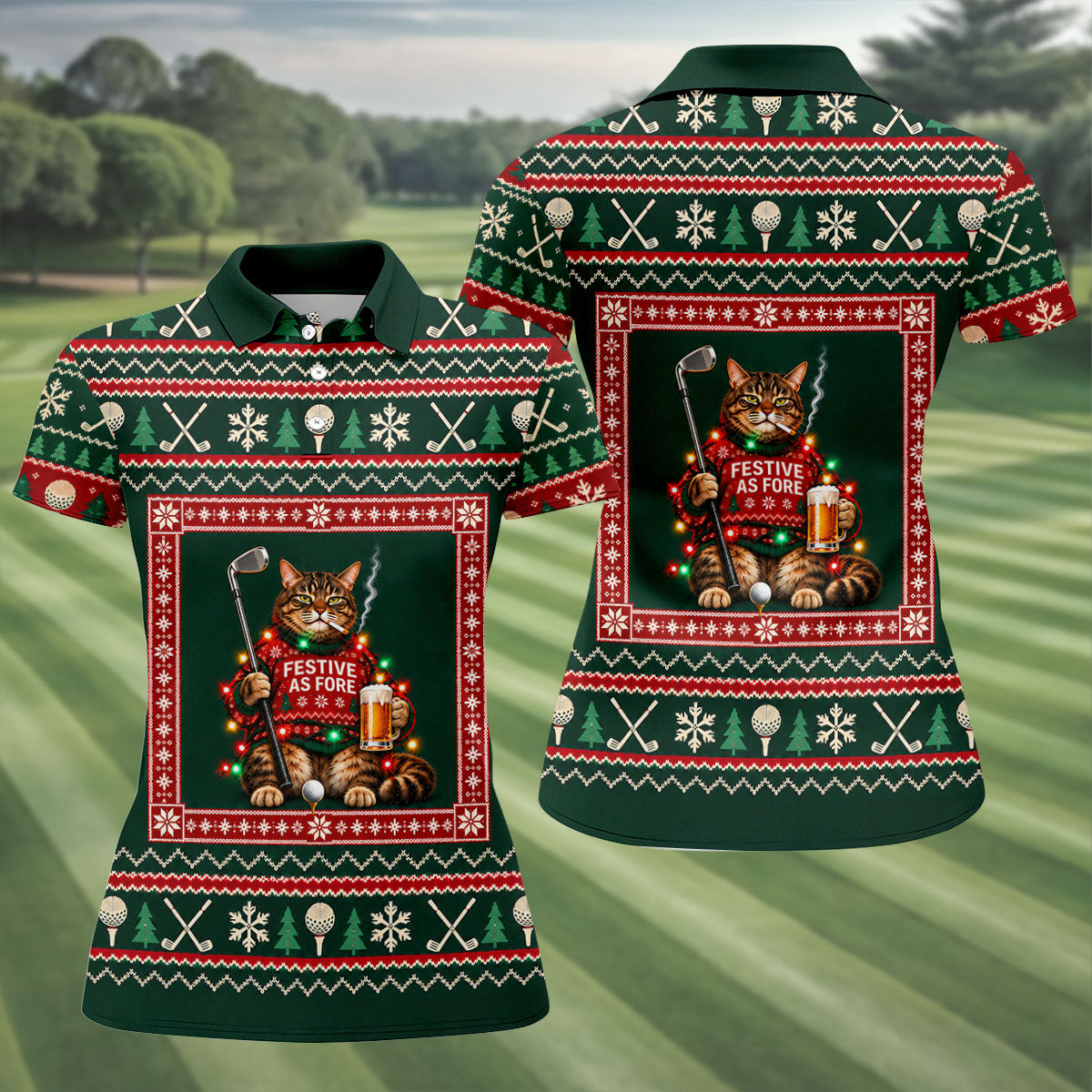 Festive As Fore Cat Beer Christmas Golf Shirt, Ladies Golf Shirts, Womens Golf Shirts