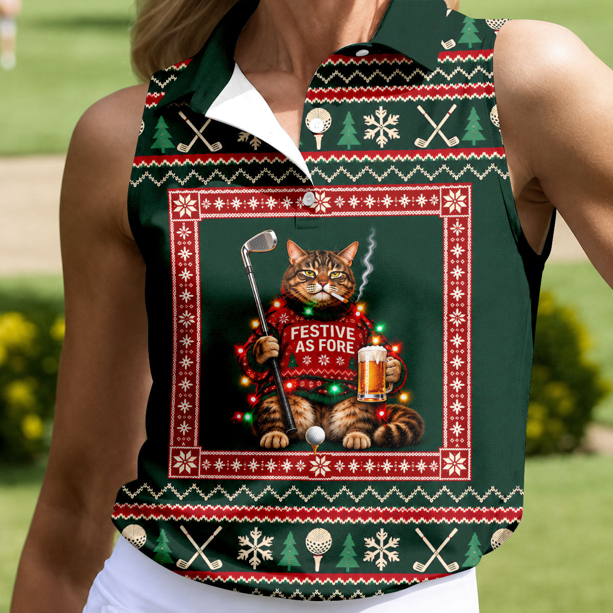 Festive As Fore Cat Beer Christmas Golf Shirt, Ladies Golf Shirts, Womens Golf Shirts