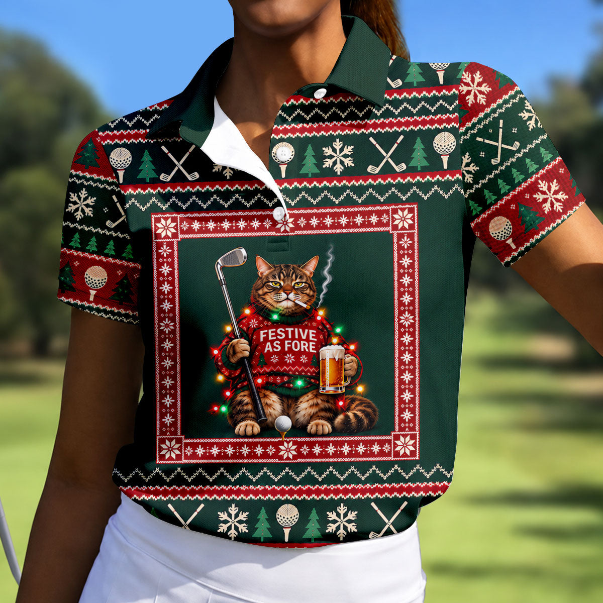 Festive As Fore Cat Beer Christmas Golf Shirt, Ladies Golf Shirts, Womens Golf Shirts