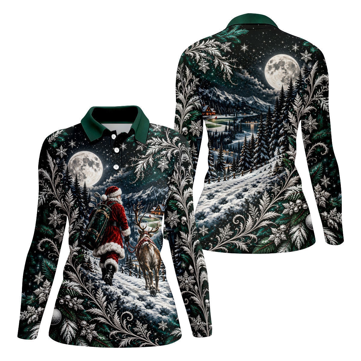 Moonlight Santa Reindeer Christmas Golf Shirt, Womens Golf Clothing, Womens Golf Tops