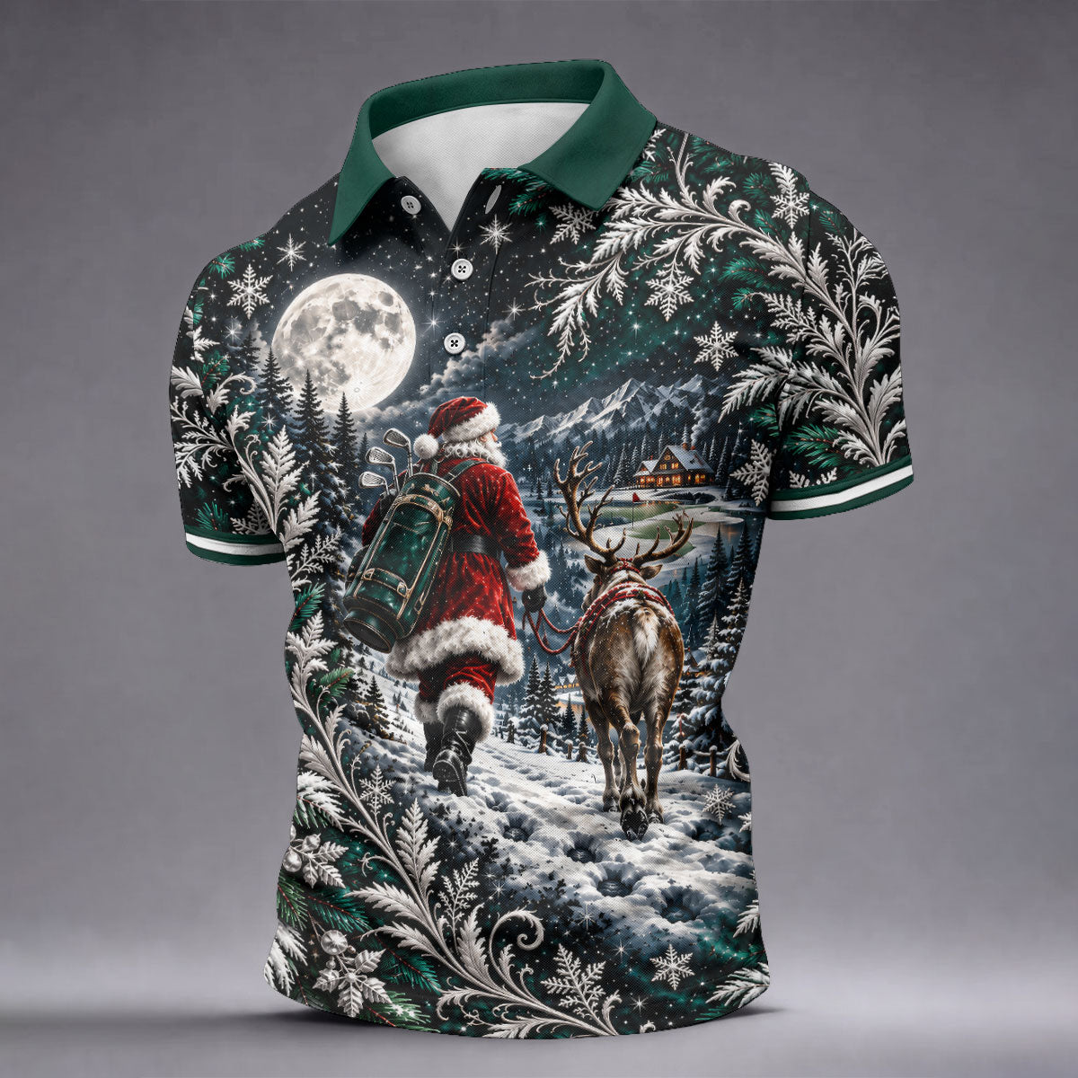 Moonlight Santa Reindeer Christmas Golf Shirt, Golf Shirts For Men, Golf Polo For Men