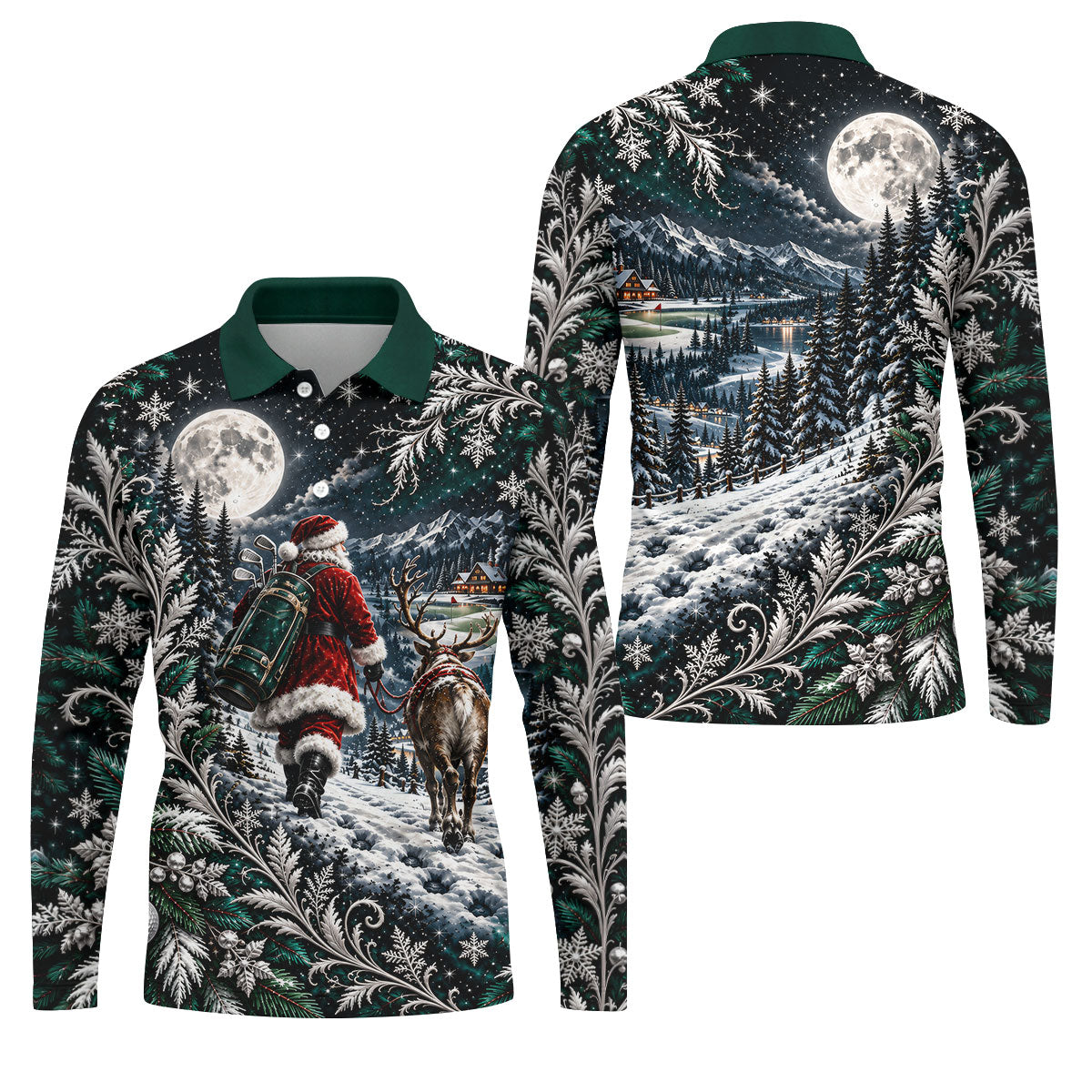 Moonlight Santa Reindeer Christmas Golf Shirt, Golf Shirts For Men, Golf Polo For Men