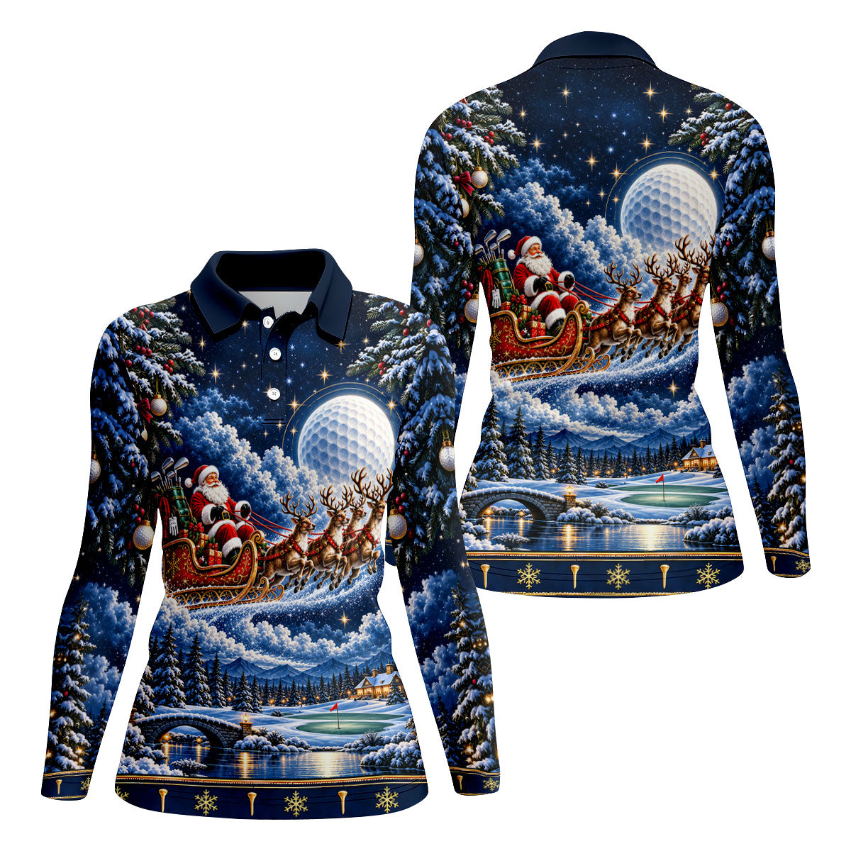 Santa Sleigh Golf Moon Christmas Golf Shirt, Womens Golf Tops, Golf Gifts For Women