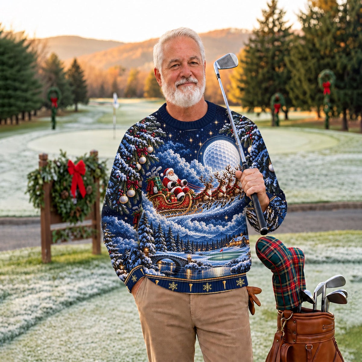 Santa Sleigh Golf Moon Ugly Christmas Sweater, Funny Holiday Sweater, Christmas Gifts