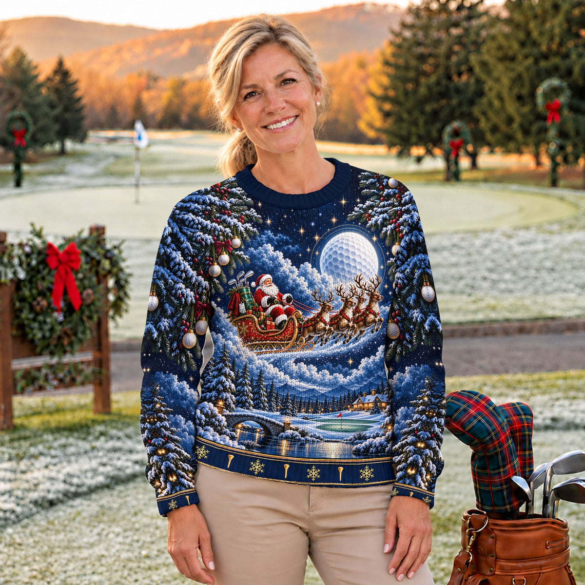 Santa Sleigh Golf Moon Ugly Christmas Sweater, Funny Holiday Sweater, Christmas Gifts