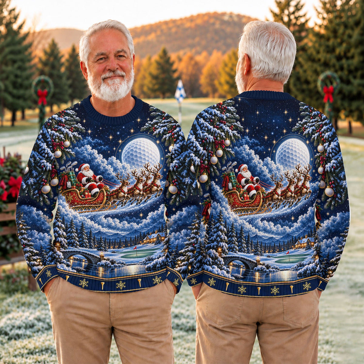Santa Sleigh Golf Moon Ugly Christmas Sweater, Funny Holiday Sweater, Christmas Gifts