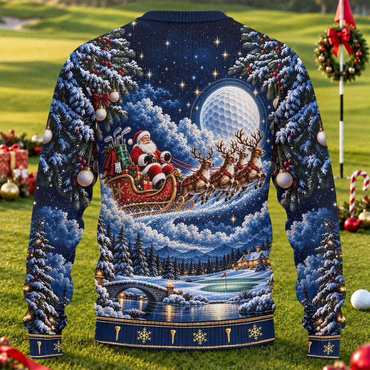 Santa Sleigh Golf Moon Ugly Christmas Sweater, Funny Holiday Sweater, Christmas Gifts