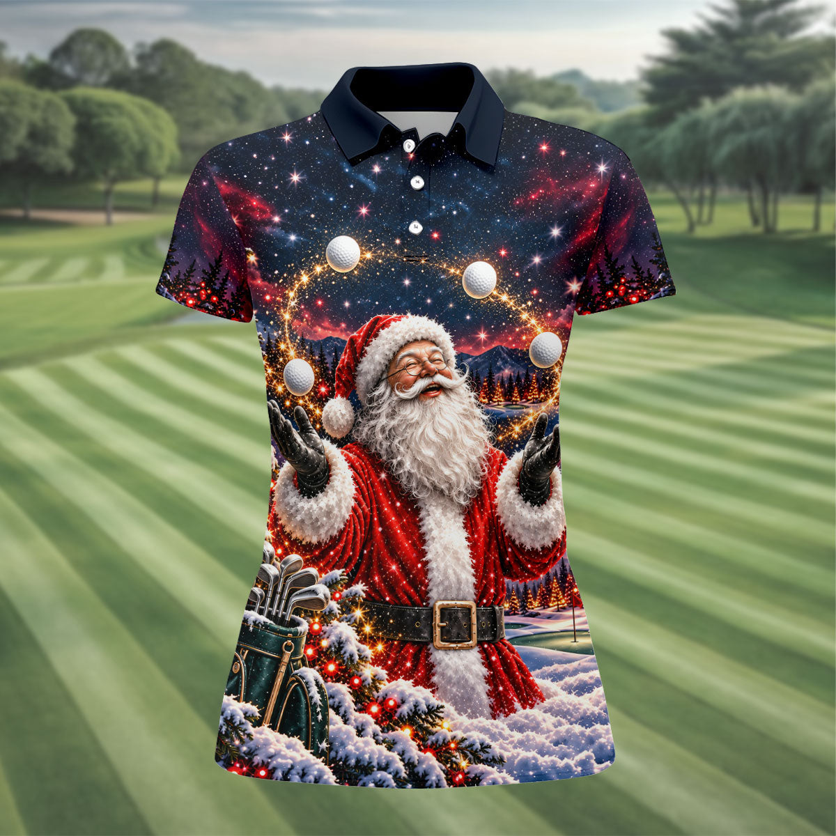 Santa Juggling Golf Balls Christmas Golf Shirt, Womens Golf Tops, Ladies Golf Shirts