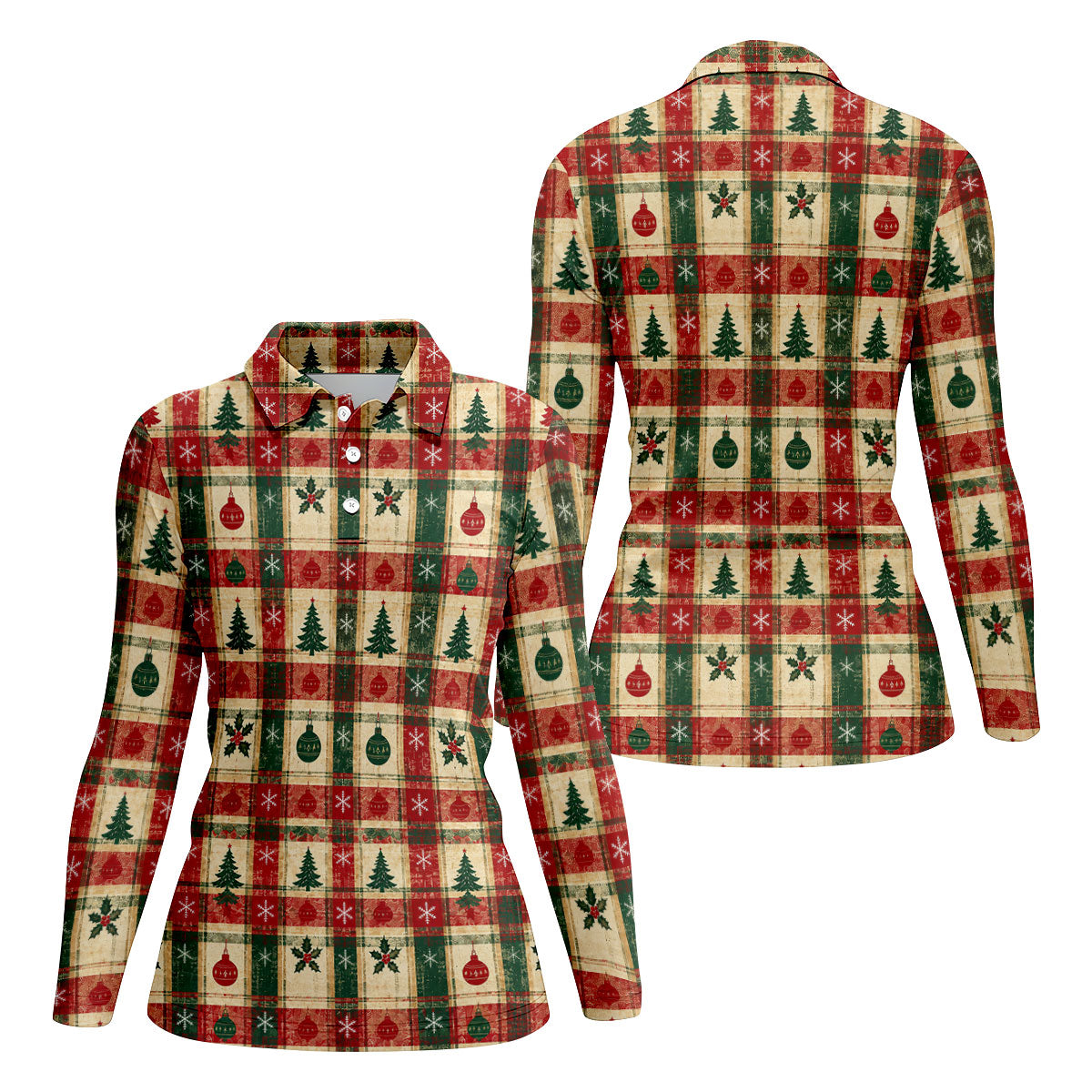 Tree Patchwork Plaid Christmas Golf Shirt, Golf Gifts For Women, Womens Golf Clothing