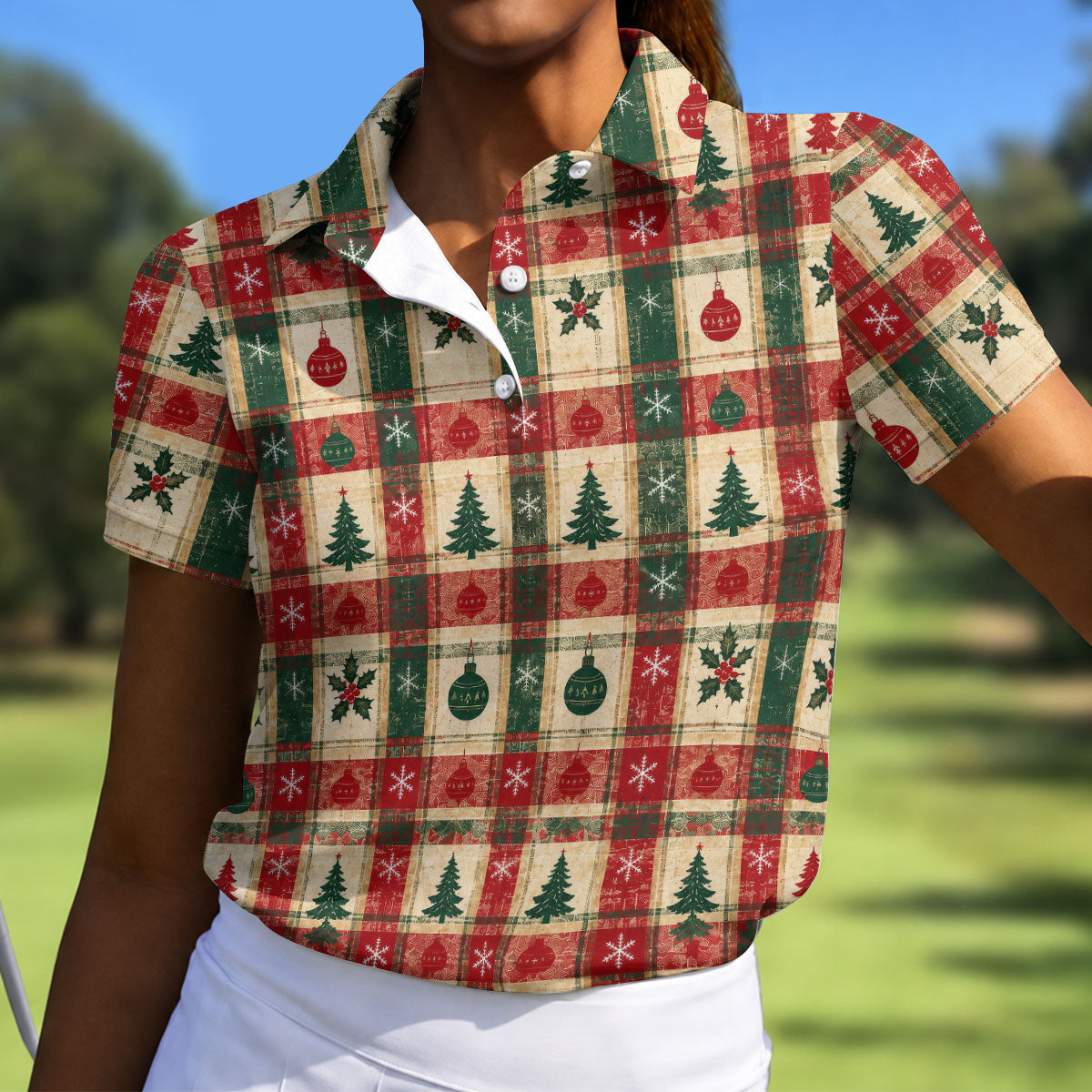 Tree Patchwork Plaid Christmas Golf Shirt, Golf Gifts For Women, Womens Golf Clothing