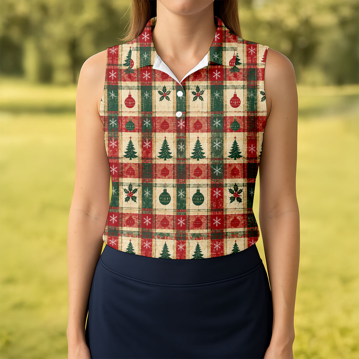 Tree Patchwork Plaid Christmas Golf Shirt, Golf Gifts For Women, Womens Golf Clothing