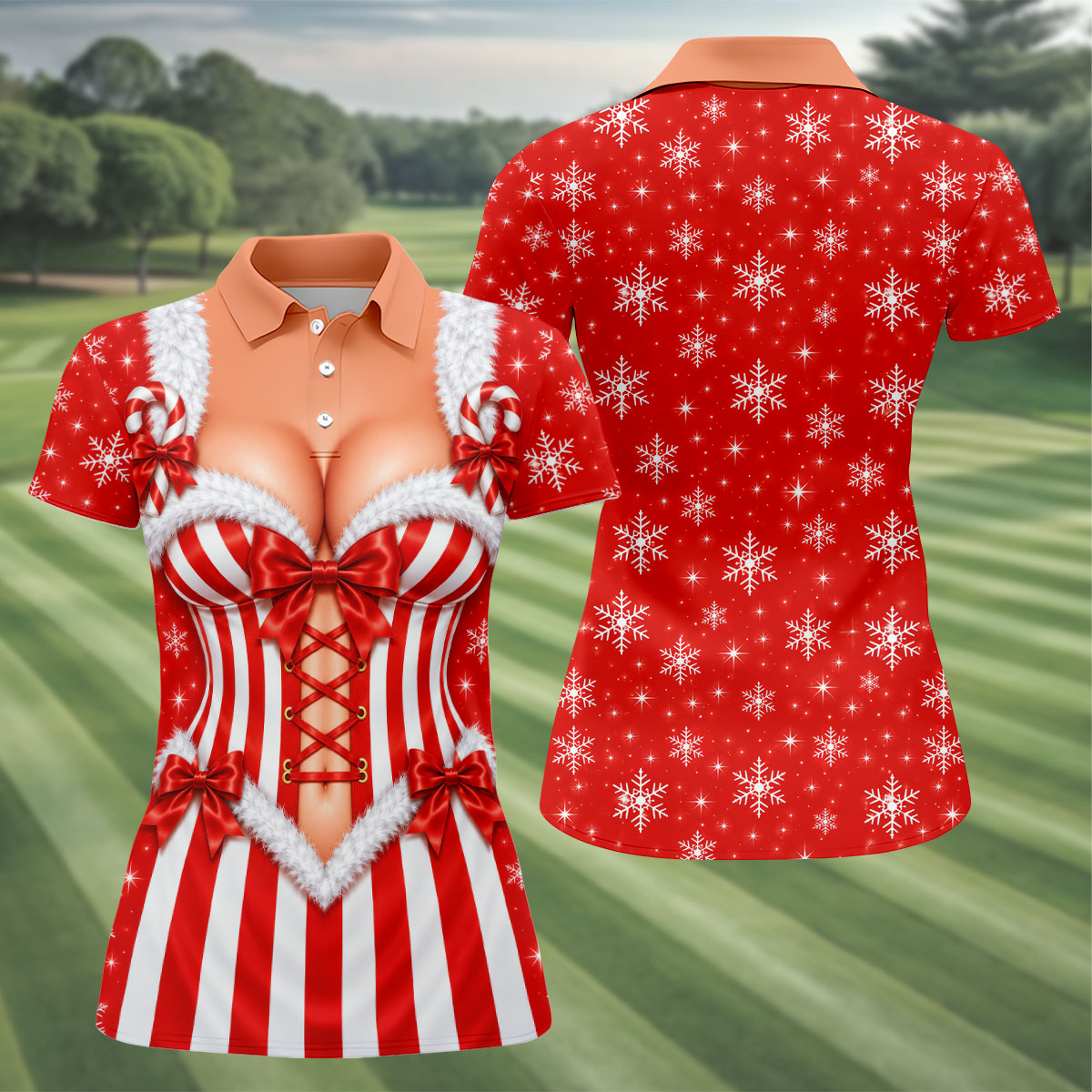 Candy Stripe Corset Christmas Golf Shirt, Womens Golf Shirts, Golf Gifts For Women