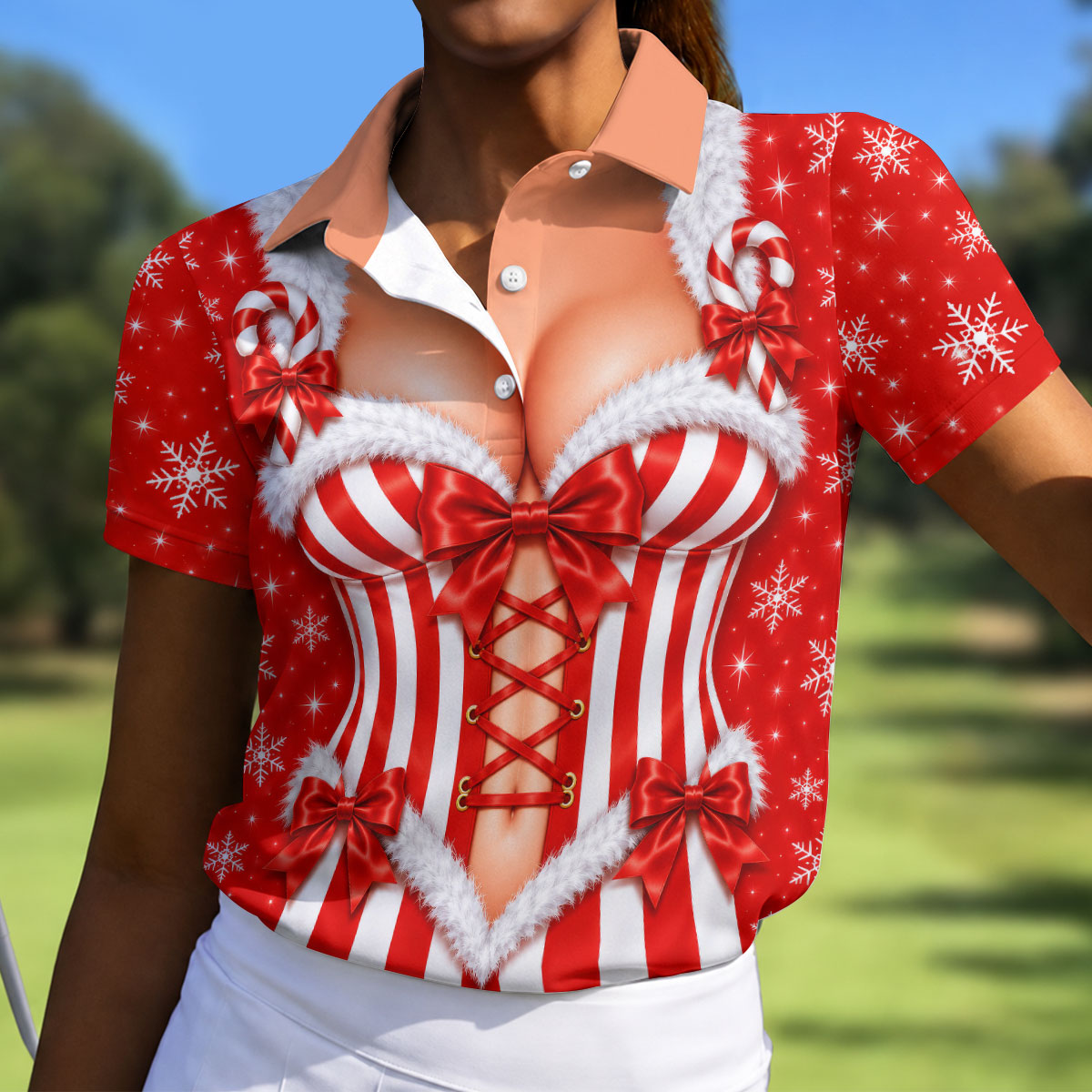 Candy Stripe Corset Christmas Golf Shirt, Womens Golf Shirts, Golf Gifts For Women