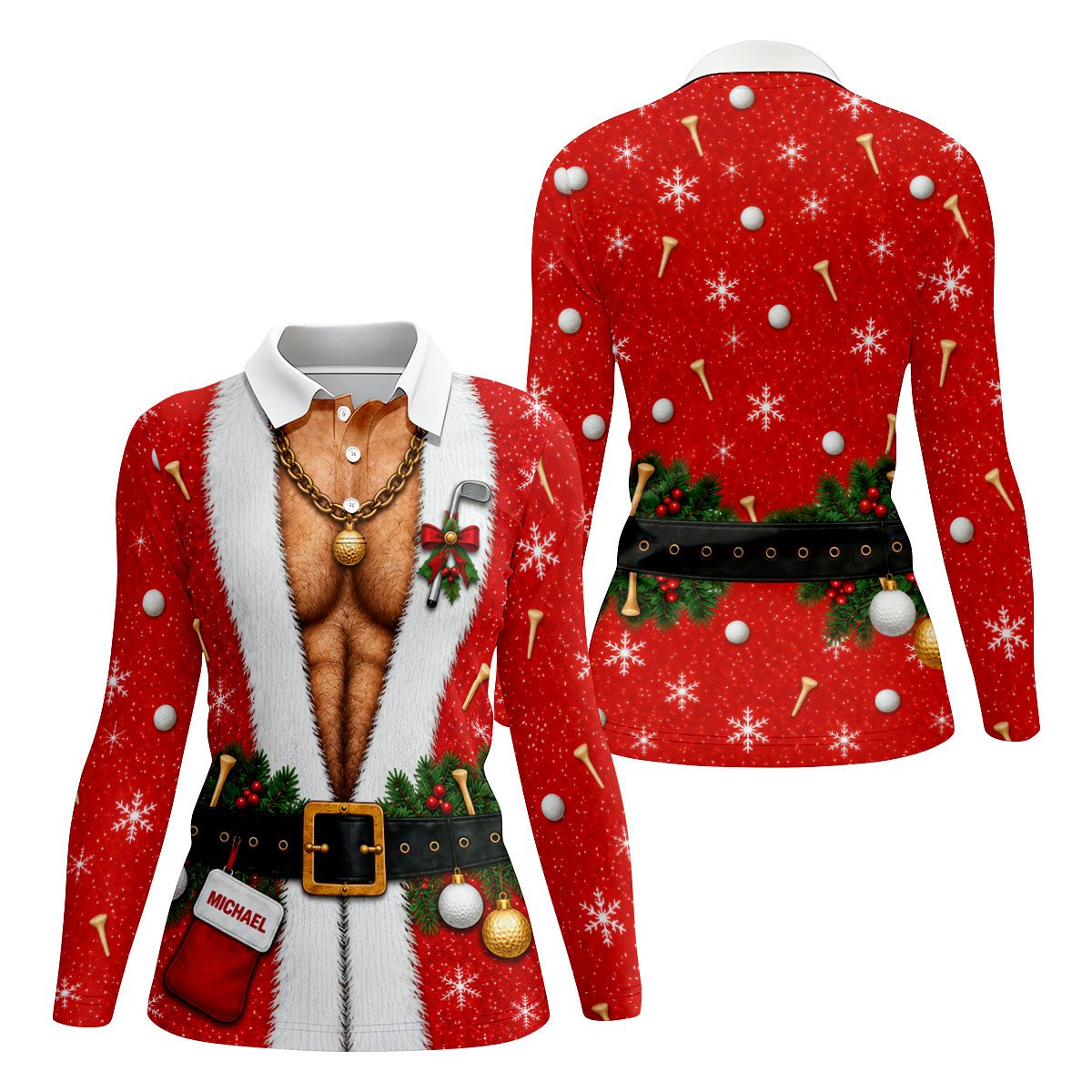 Custom Name Hairy Santa Christmas Golf Shirt, Womens Golf Tops, Ladies Golf Shirts