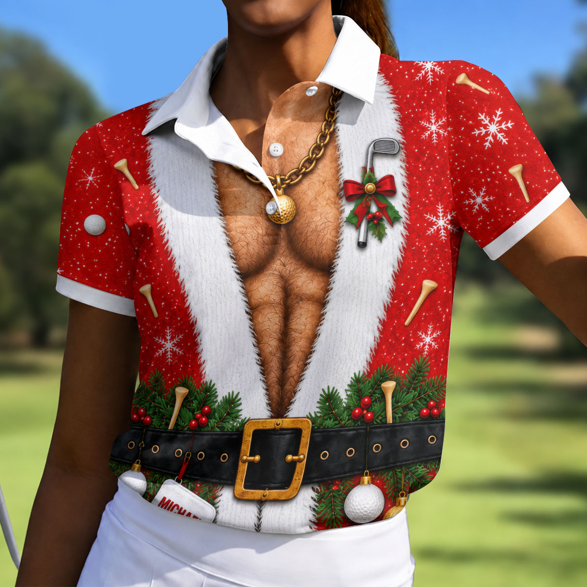 Custom Name Hairy Santa Christmas Golf Shirt, Womens Golf Tops, Ladies Golf Shirts