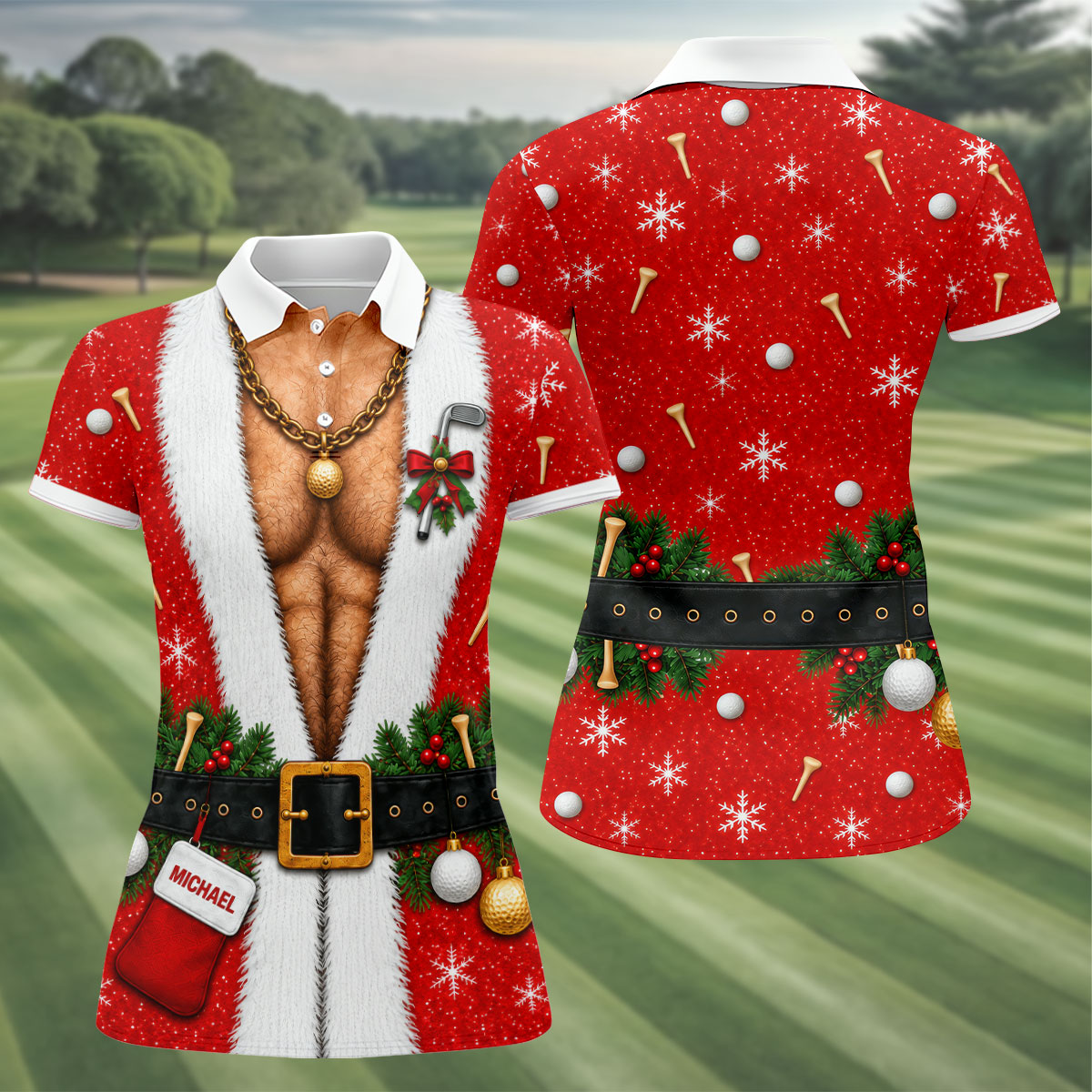 Custom Name Hairy Santa Christmas Golf Shirt, Womens Golf Tops, Ladies Golf Shirts