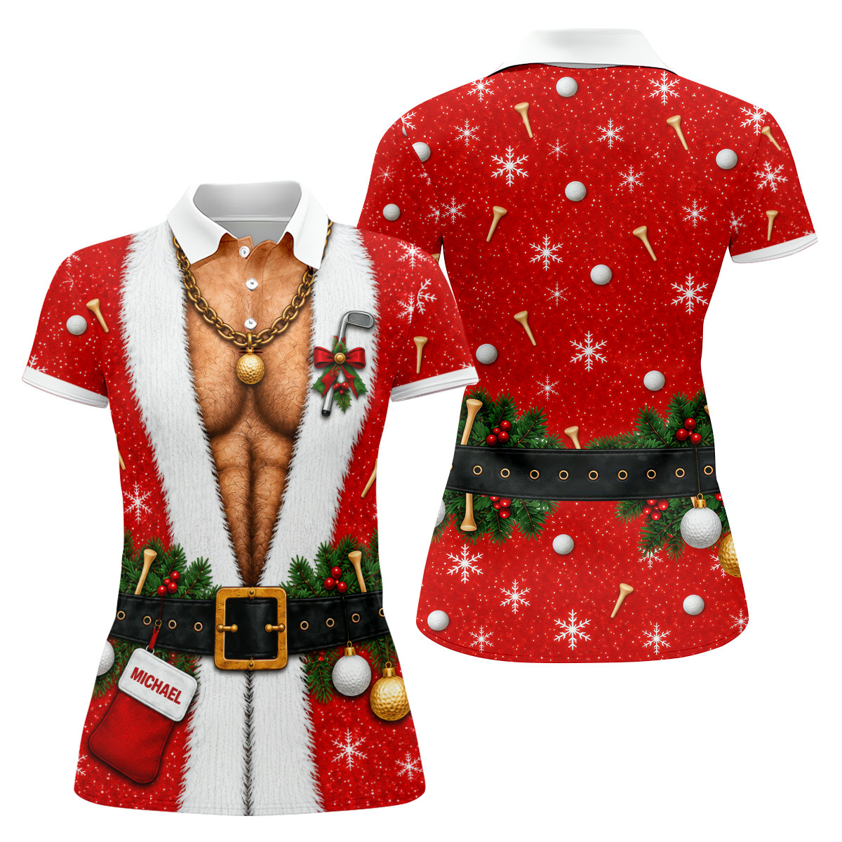 Custom Name Hairy Santa Christmas Golf Shirt, Womens Golf Tops, Ladies Golf Shirts