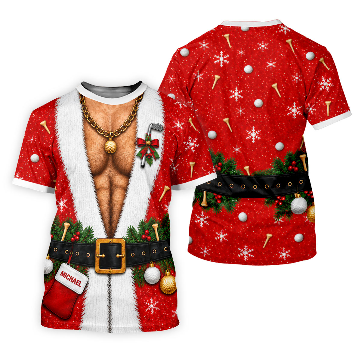 Custom Name Hairy Santa Christmas Golf Shirt, Womens Golf Tops, Ladies Golf Shirts
