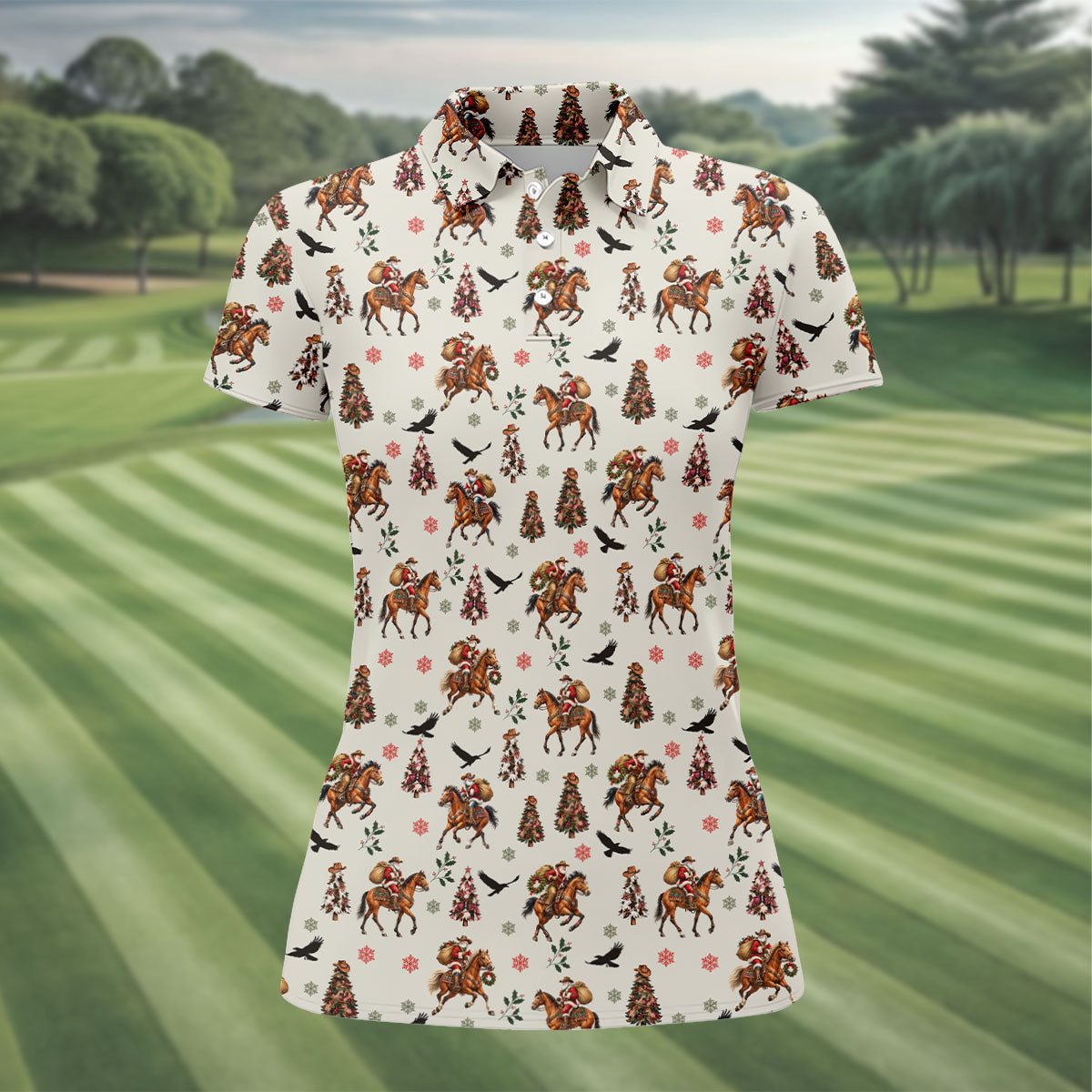Cowboy Santa Riding Horse Christmas Golf Shirt, Womens Golf Tops, Ladies Golf Shirts