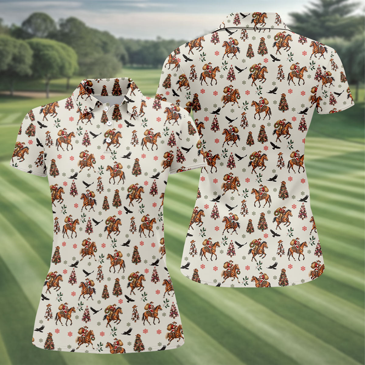 Cowboy Santa Riding Horse Christmas Golf Shirt, Womens Golf Tops, Ladies Golf Shirts