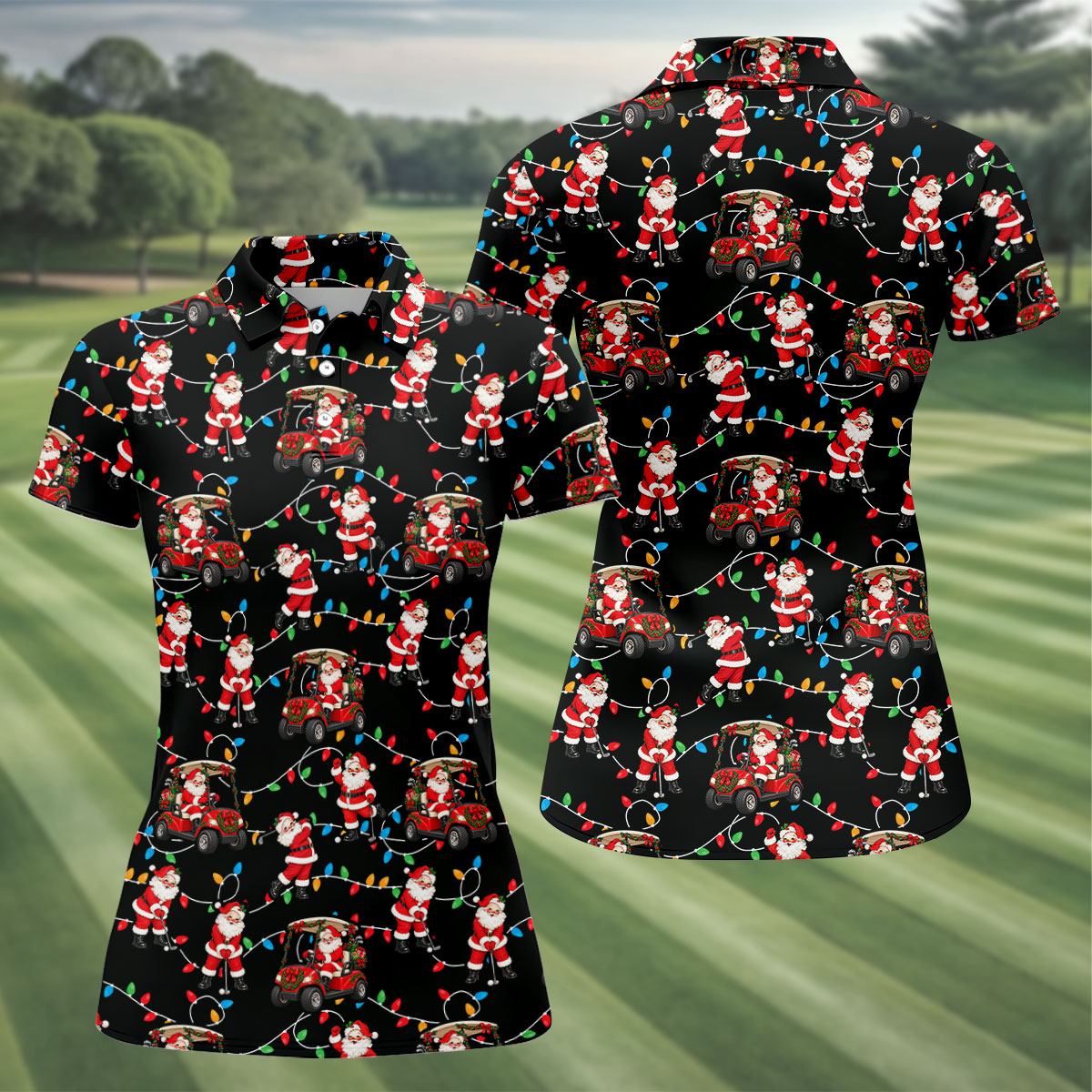 Santa Golf Cart Lights Christmas Golf Shirt, Ladies Golf Apparel, Womens Golf Apparel