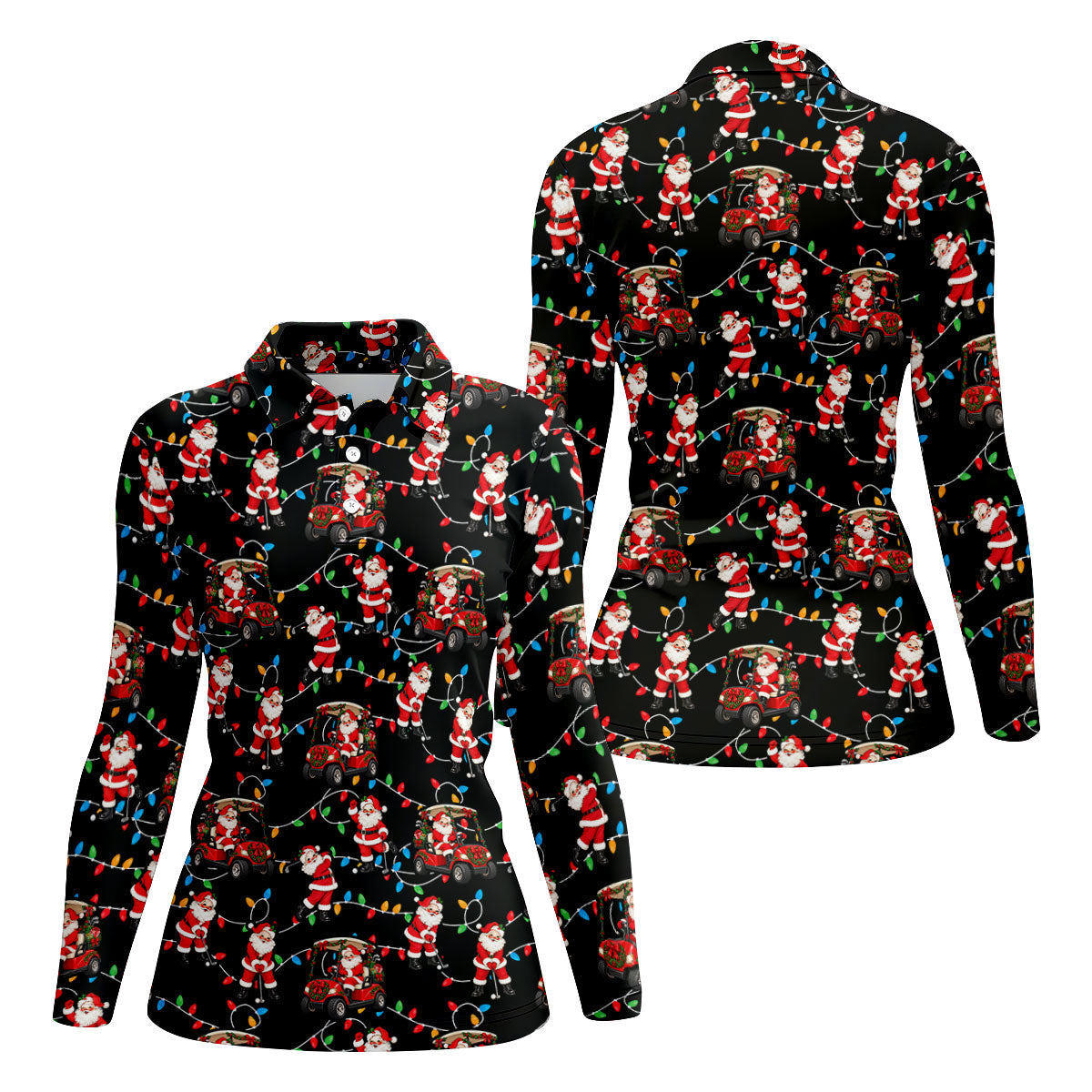 Santa Golf Cart Lights Christmas Golf Shirt, Ladies Golf Apparel, Womens Golf Apparel