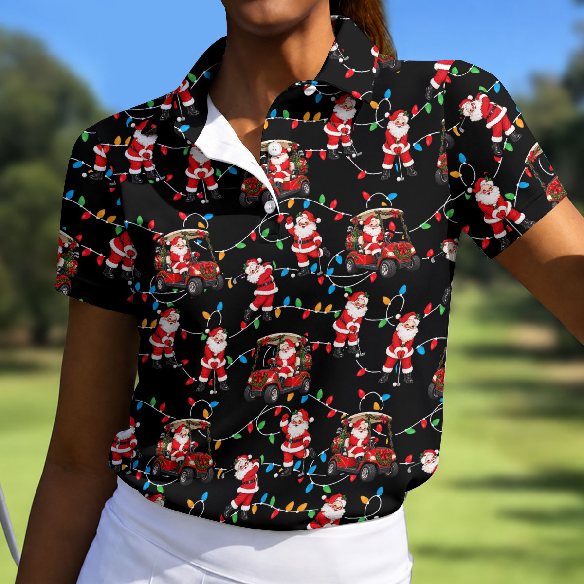 Santa Golf Cart Lights Christmas Golf Shirt, Ladies Golf Apparel, Womens Golf Apparel