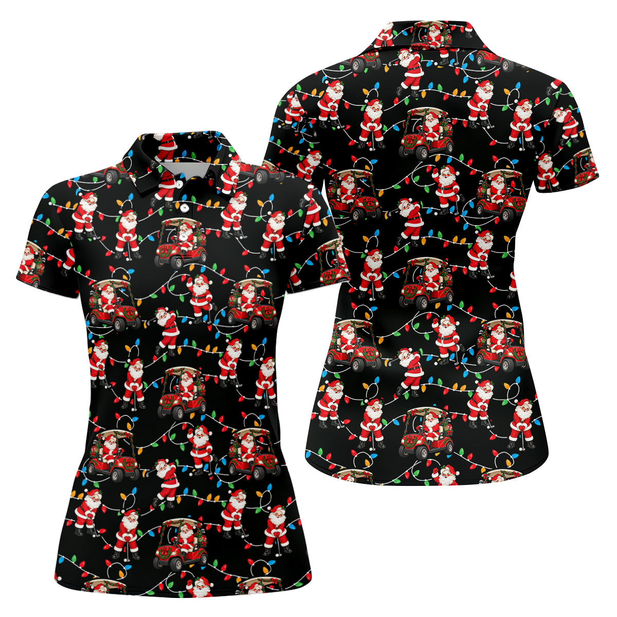 Santa Golf Cart Lights Christmas Golf Shirt, Ladies Golf Apparel, Womens Golf Apparel